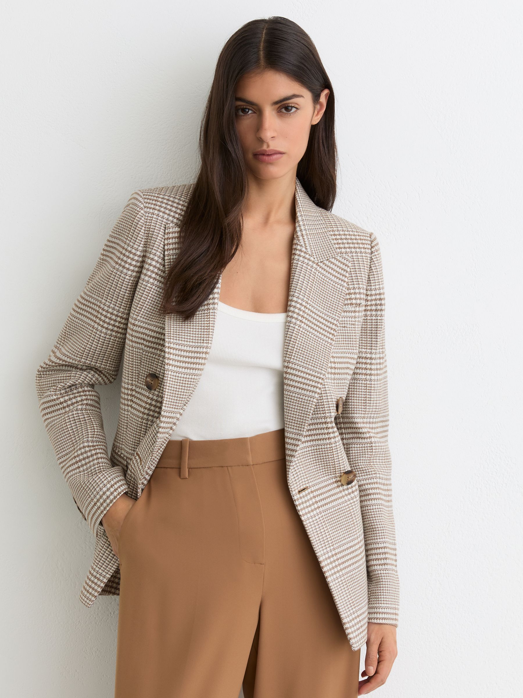 Petite Double-Breasted Check Blazer Cotton-Linen in Neutral - image 3