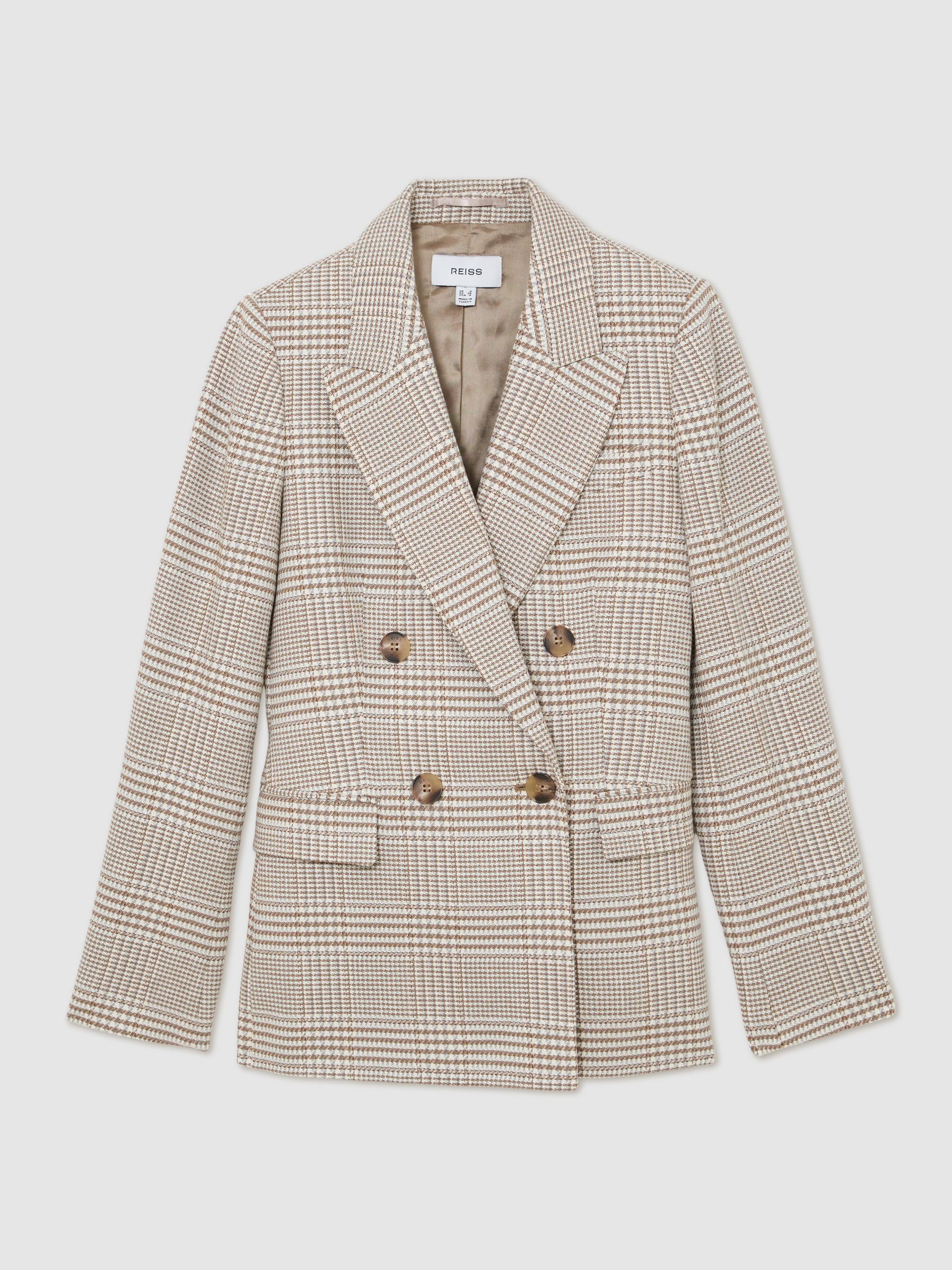 Petite Double-Breasted Check Blazer Cotton-Linen in Neutral