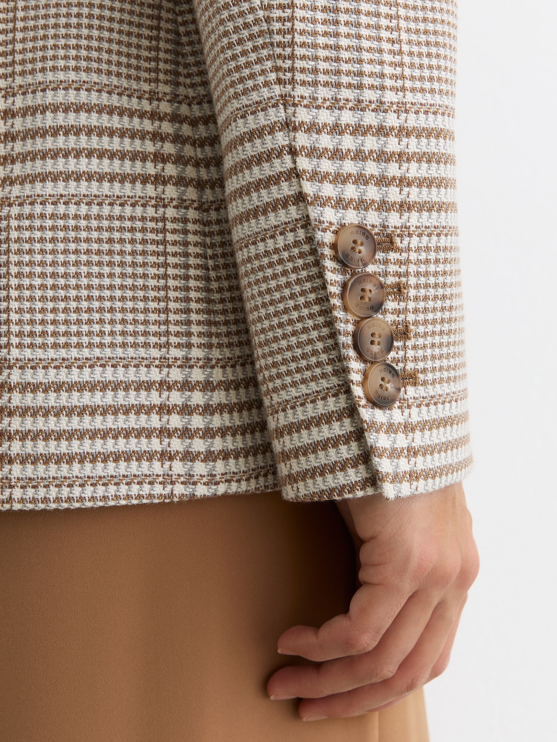 Petite Double-Breasted Check Blazer Cotton-Linen in Neutral - image 5
