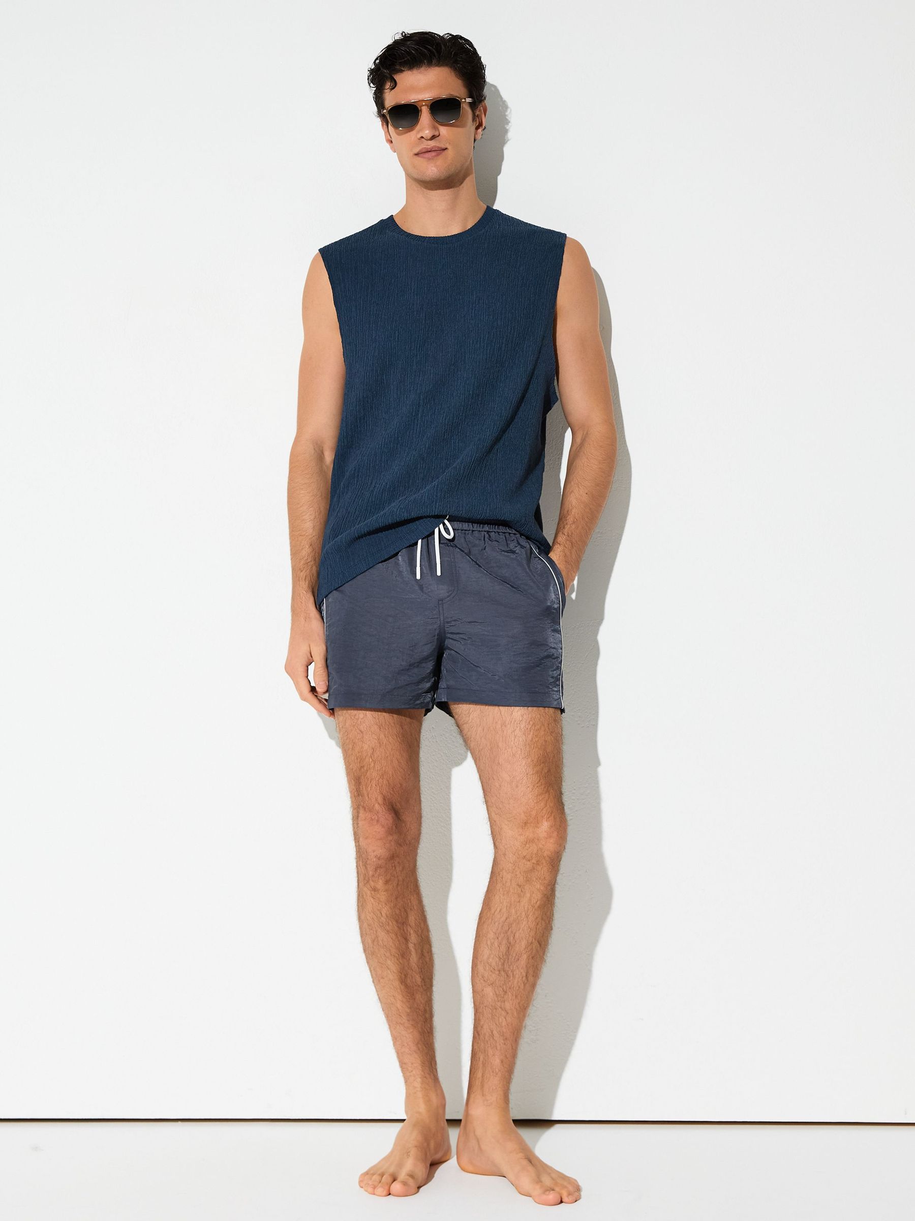 Piped Drawstring Swim Shorts in Steel Blue - image 2