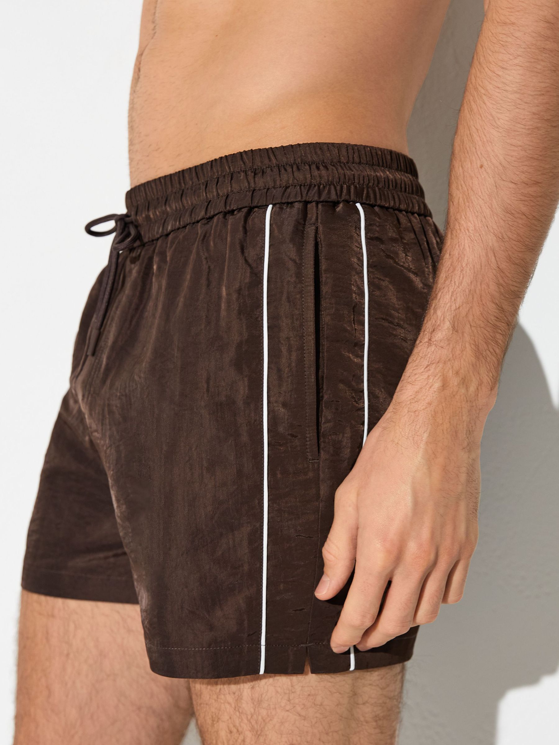 Piped Drawstring Swim Shorts in Chocolate Brown - image 2