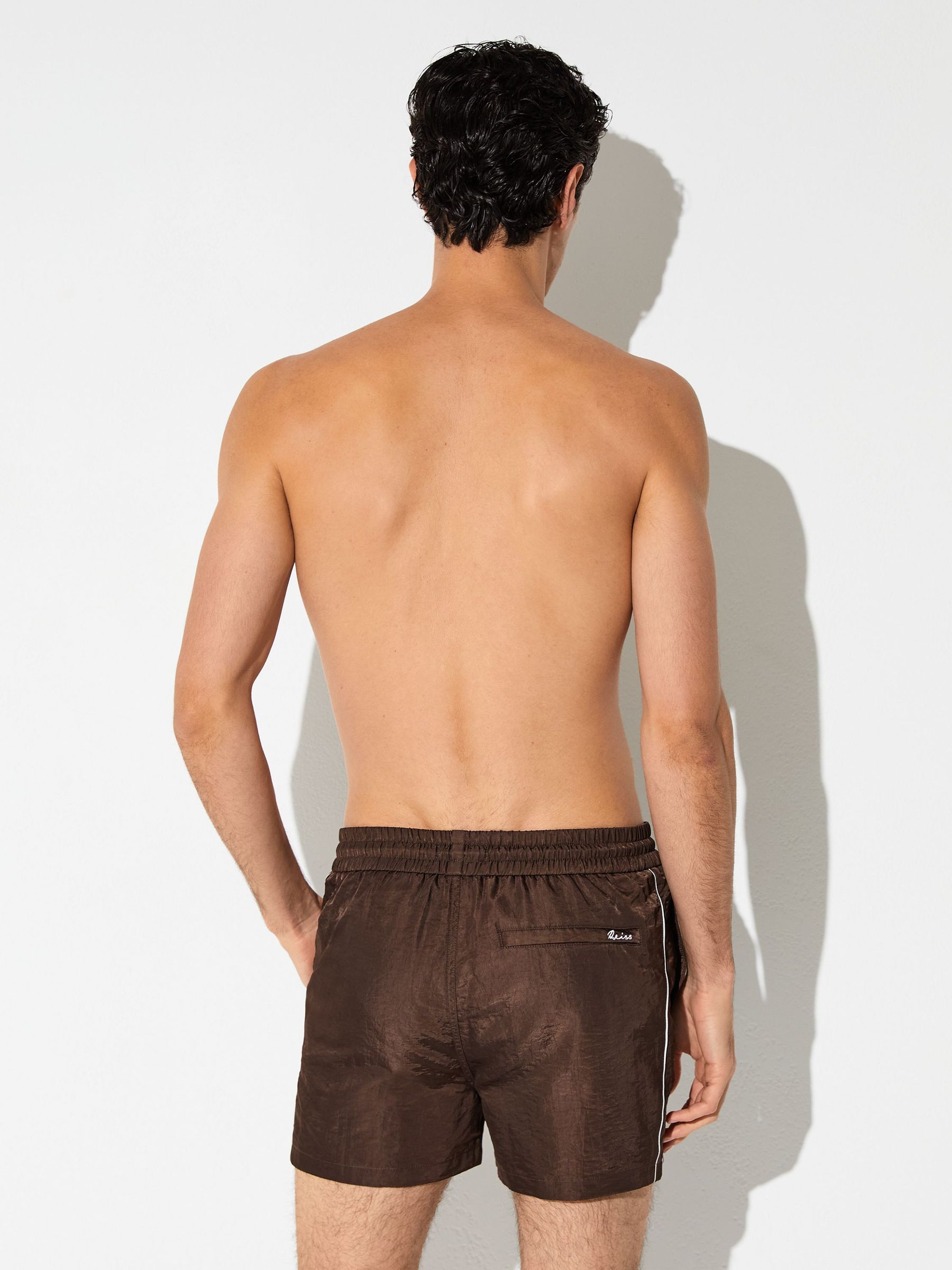 Piped Drawstring Swim Shorts in Chocolate Brown - image 3