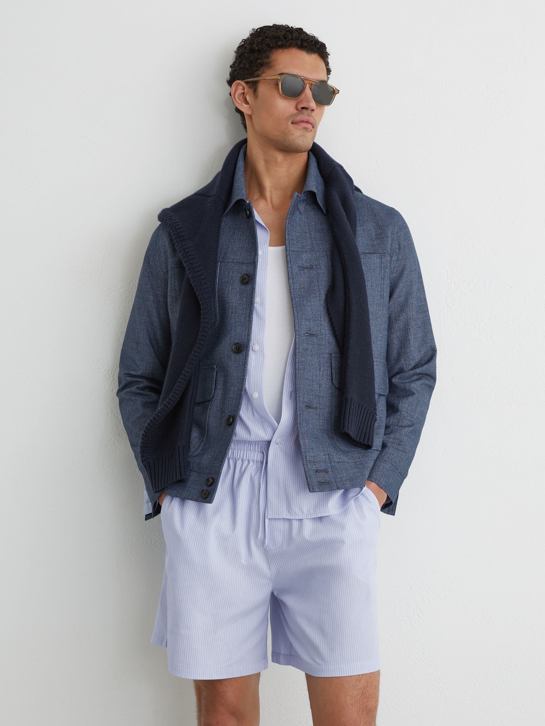 Cotton-Blend Drawstring Pinstripe Shorts in Soft Blue - Image 1 of 8