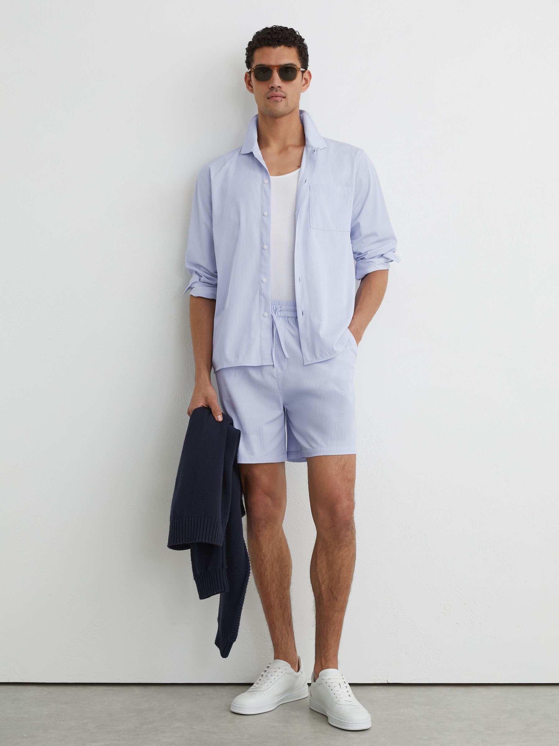 Cotton-Blend Drawstring Pinstripe Shorts in Soft Blue - Image 3 of 8