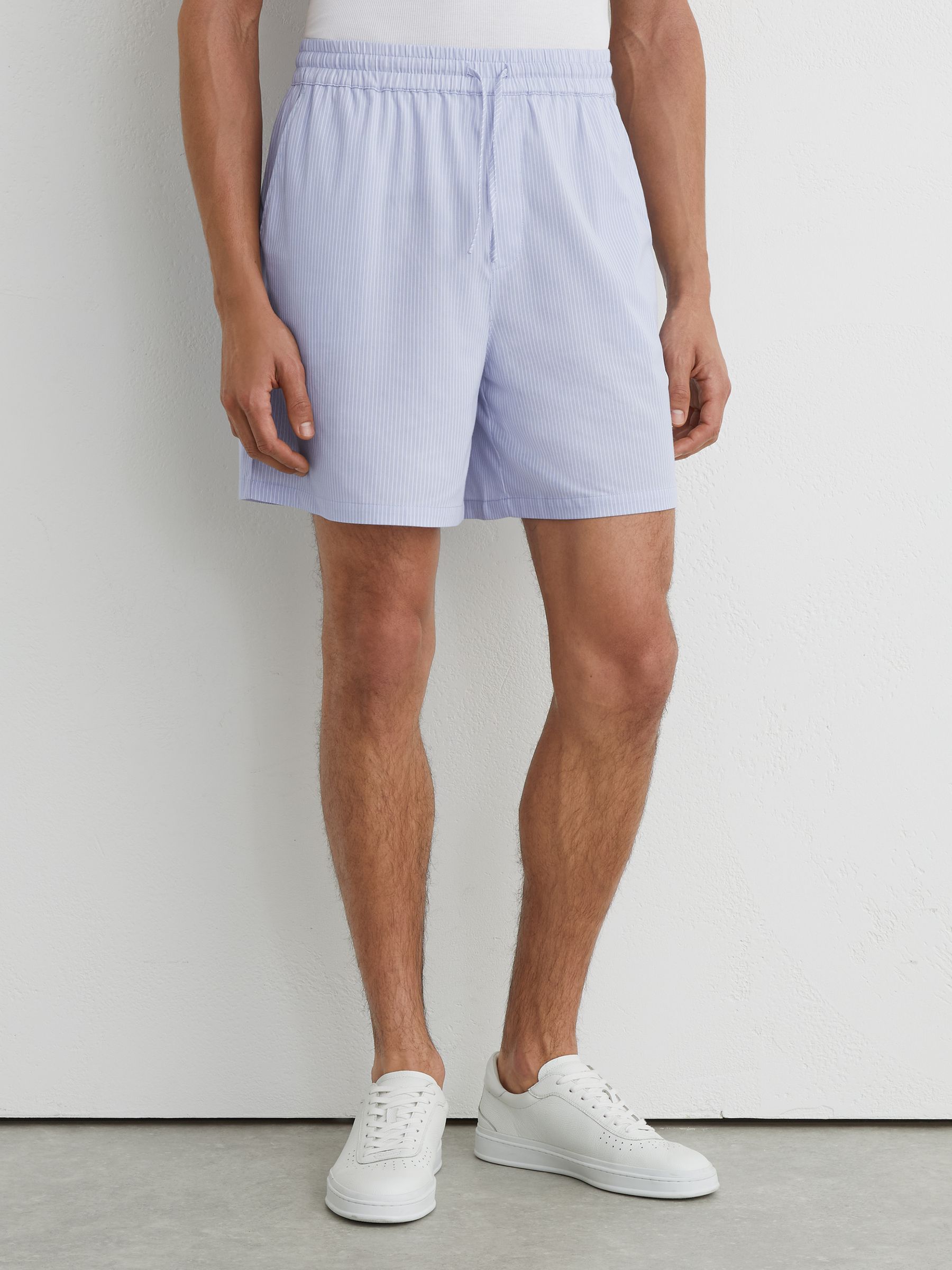 Cotton-Blend Drawstring Pinstripe Shorts in Soft Blue - Image 4 of 8
