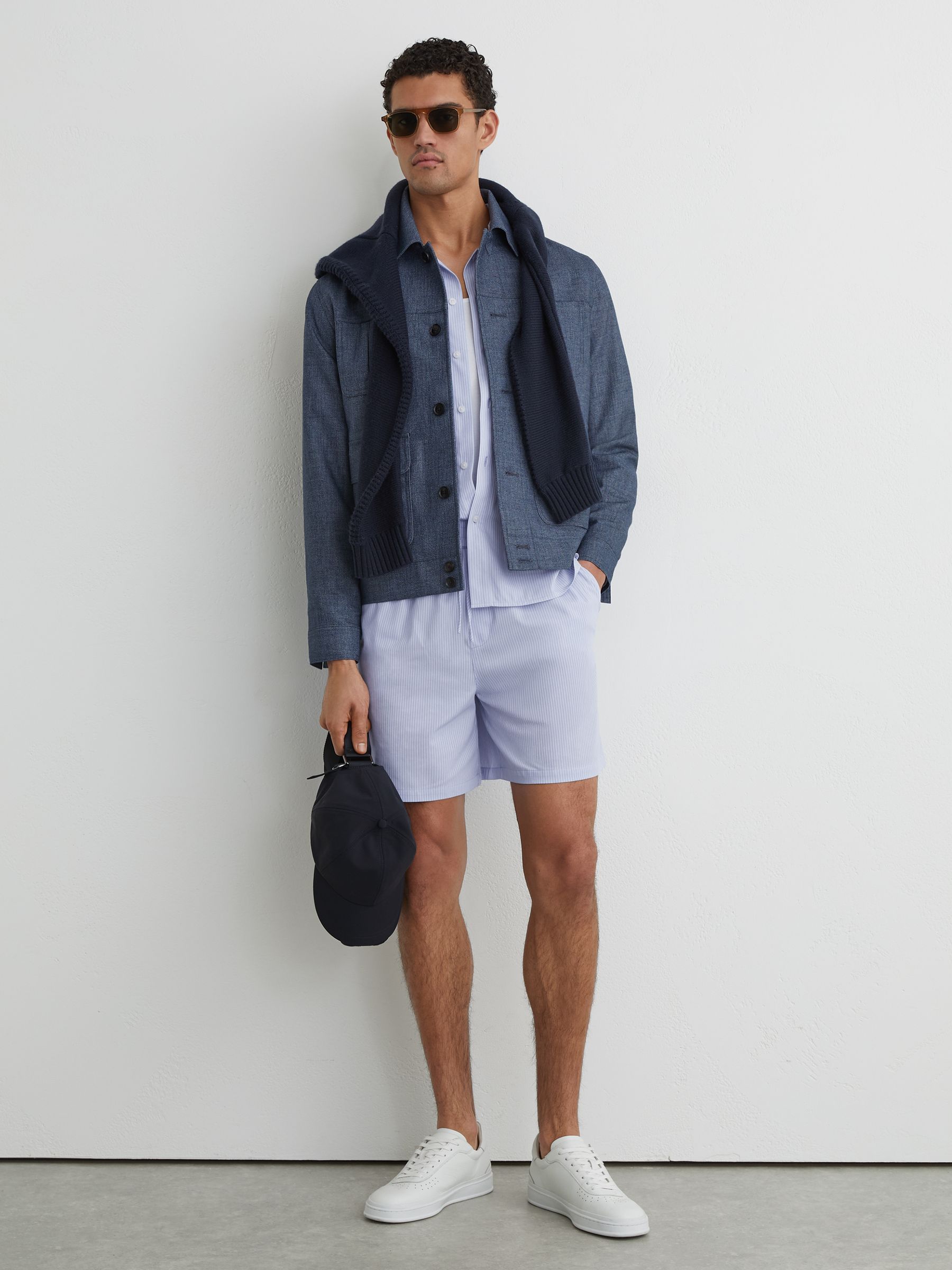 Cotton-Blend Drawstring Pinstripe Shorts in Soft Blue - Image 7 of 8