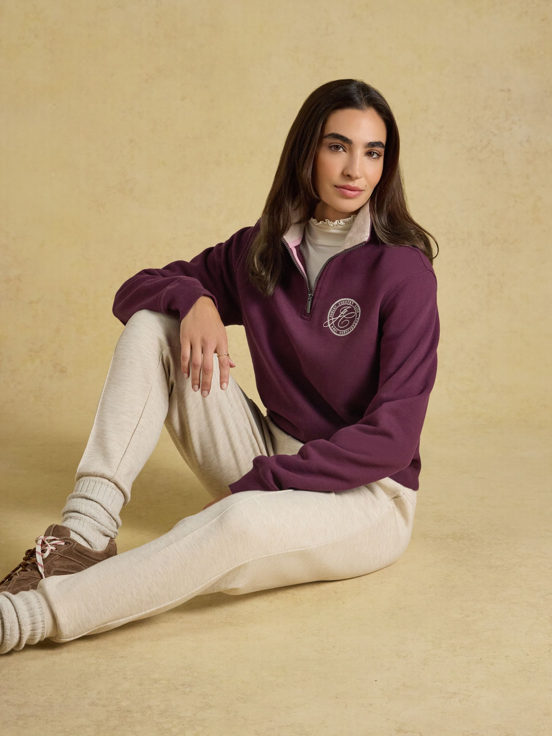 Wine Red Brushed Cotton Blend Embroidered Quarter Zip Sweatshirt - Image 3 of 8