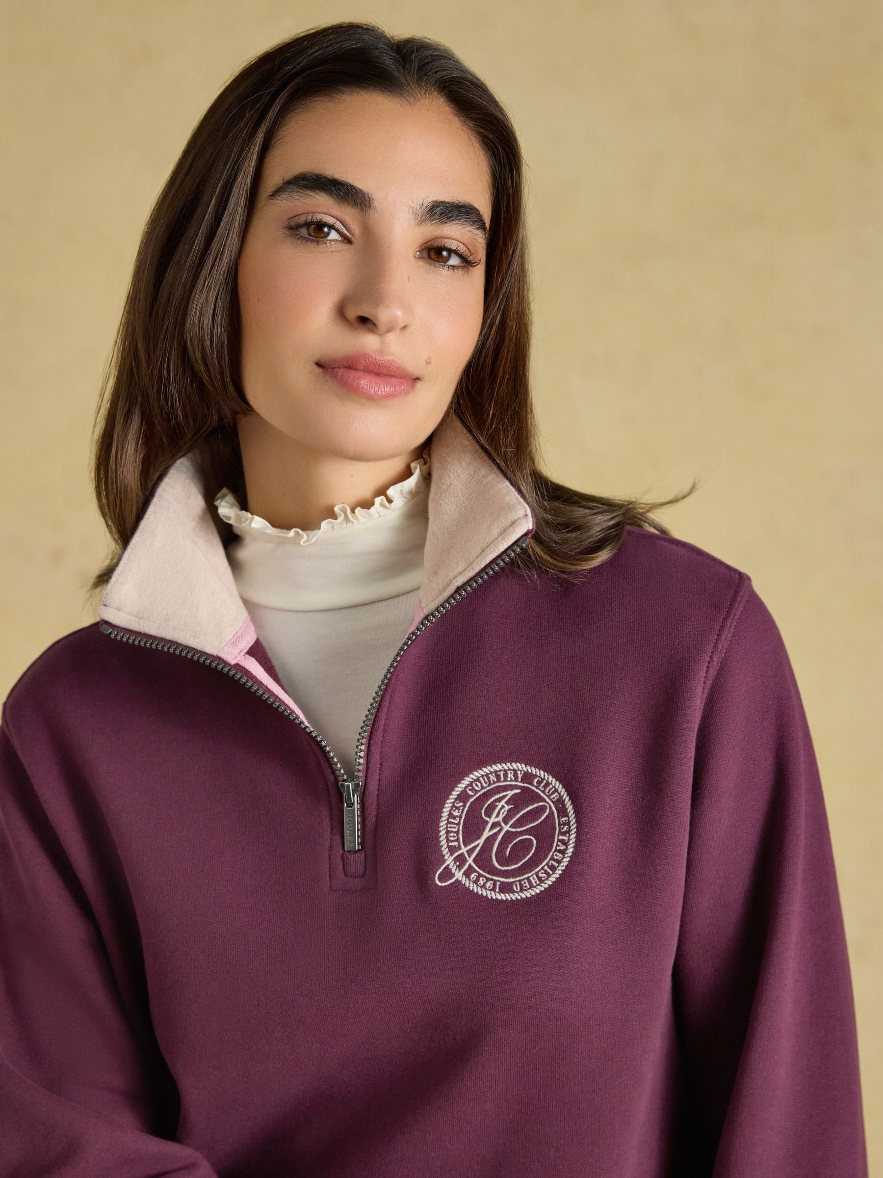 Wine Red Brushed Cotton Blend Embroidered Quarter Zip Sweatshirt - Image 4 of 8