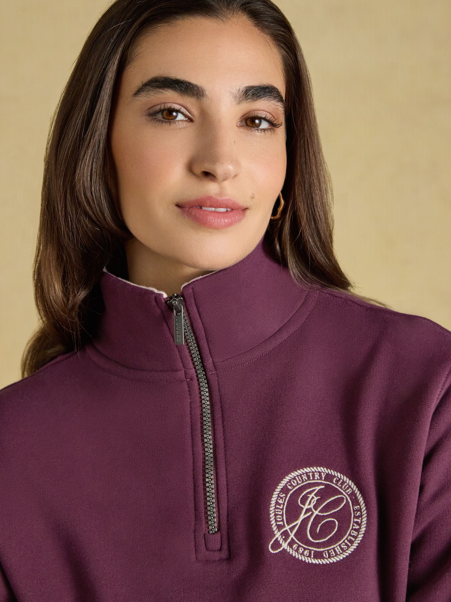Wine Red Brushed Cotton Blend Embroidered Quarter Zip Sweatshirt - Image 7 of 8
