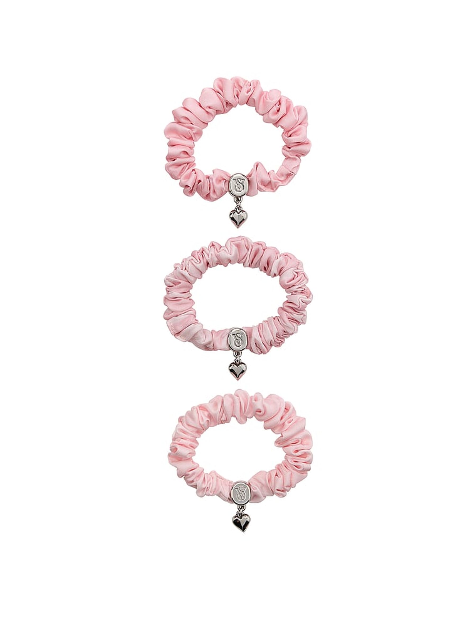 Pink Iconic Stripe 3 Pack Charm Satin Scrunchie Set - Image 2 of 2
