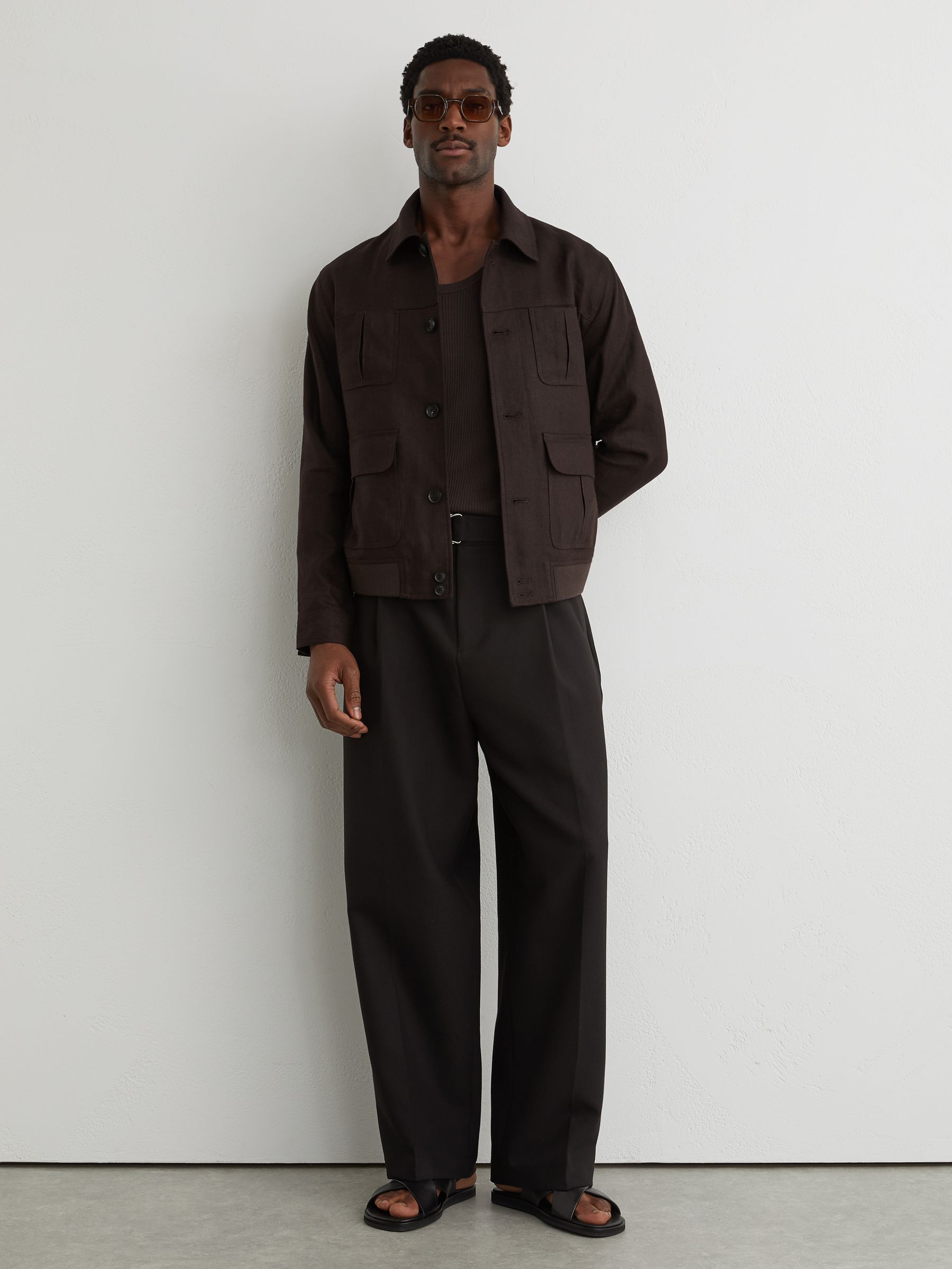 Linen Four-Pocket Jacket in Chocolate Brown - Image 1 of 7 Linen Four-Pocket Jacket in Chocolate Brown - Image 1 of 7