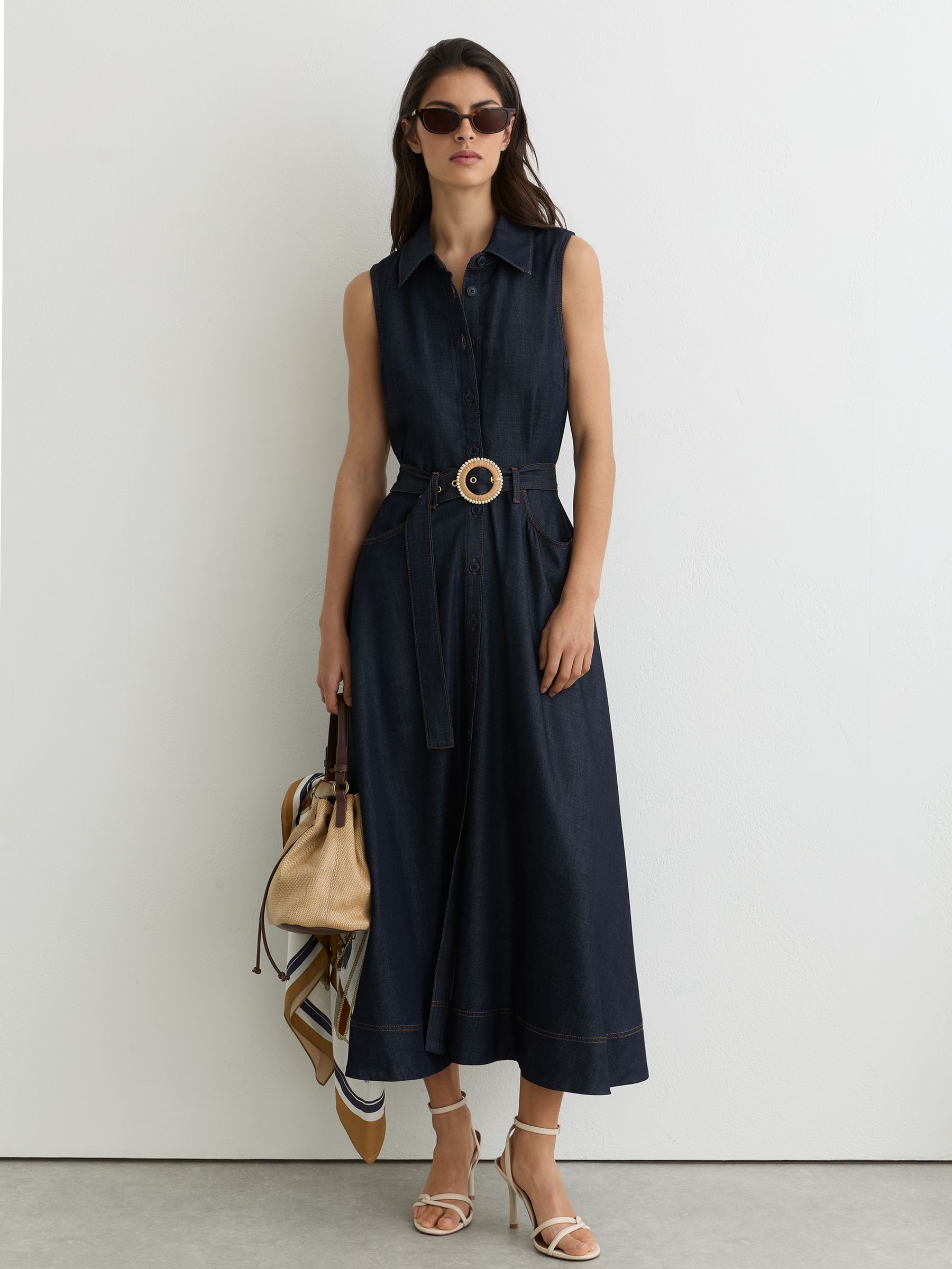 Button-Front Belted Denim Midi Dress in Indigo Blue - image 2
