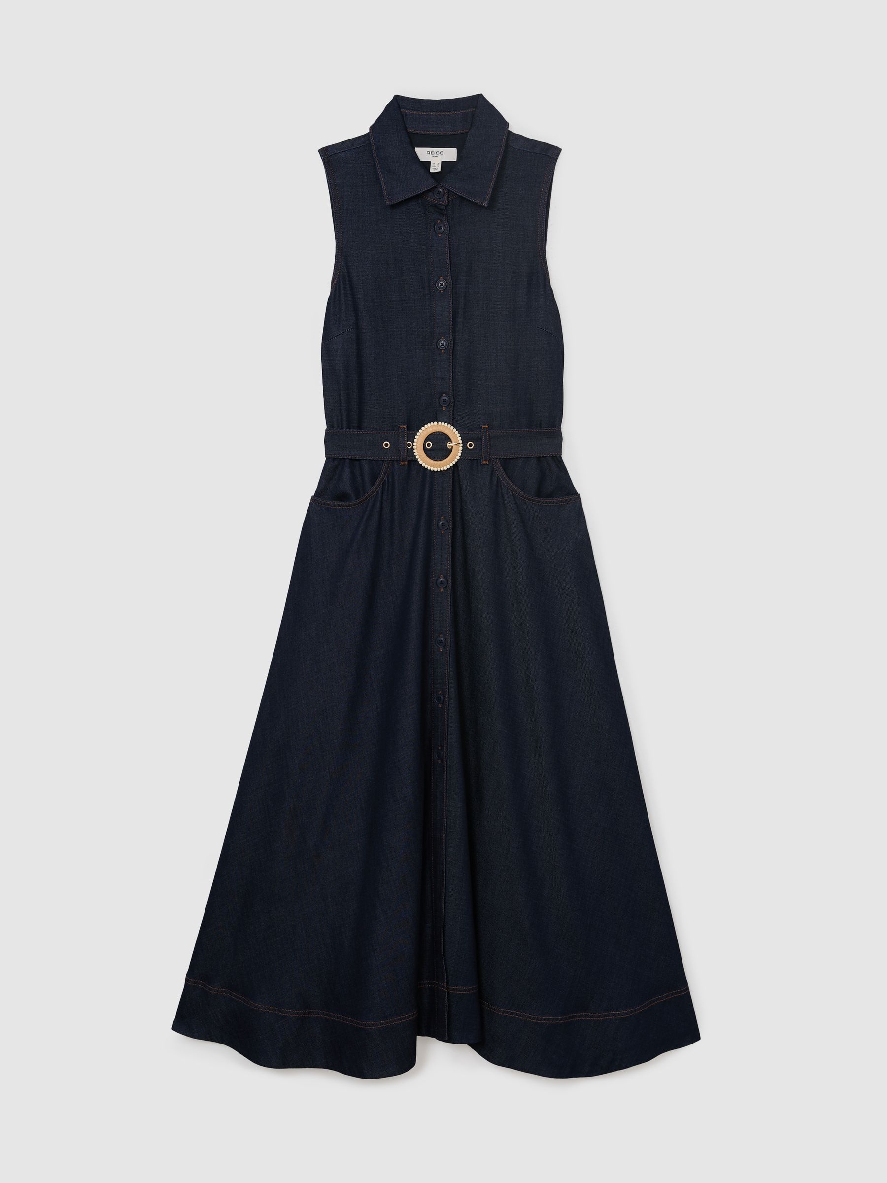 Button-Front Belted Denim Midi Dress in Indigo Blue - image 1