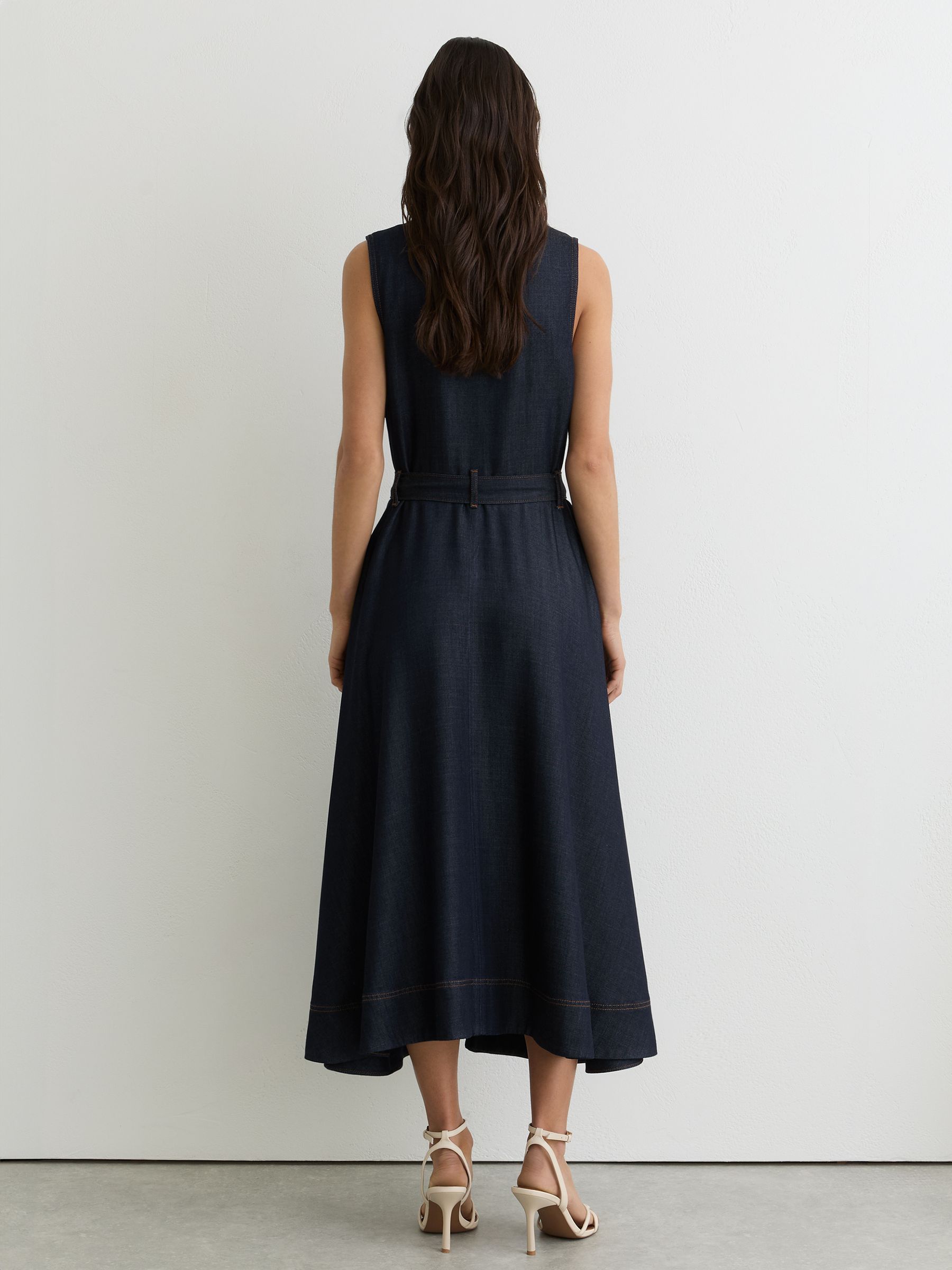 Button-Front Belted Denim Midi Dress in Indigo Blue - image 5