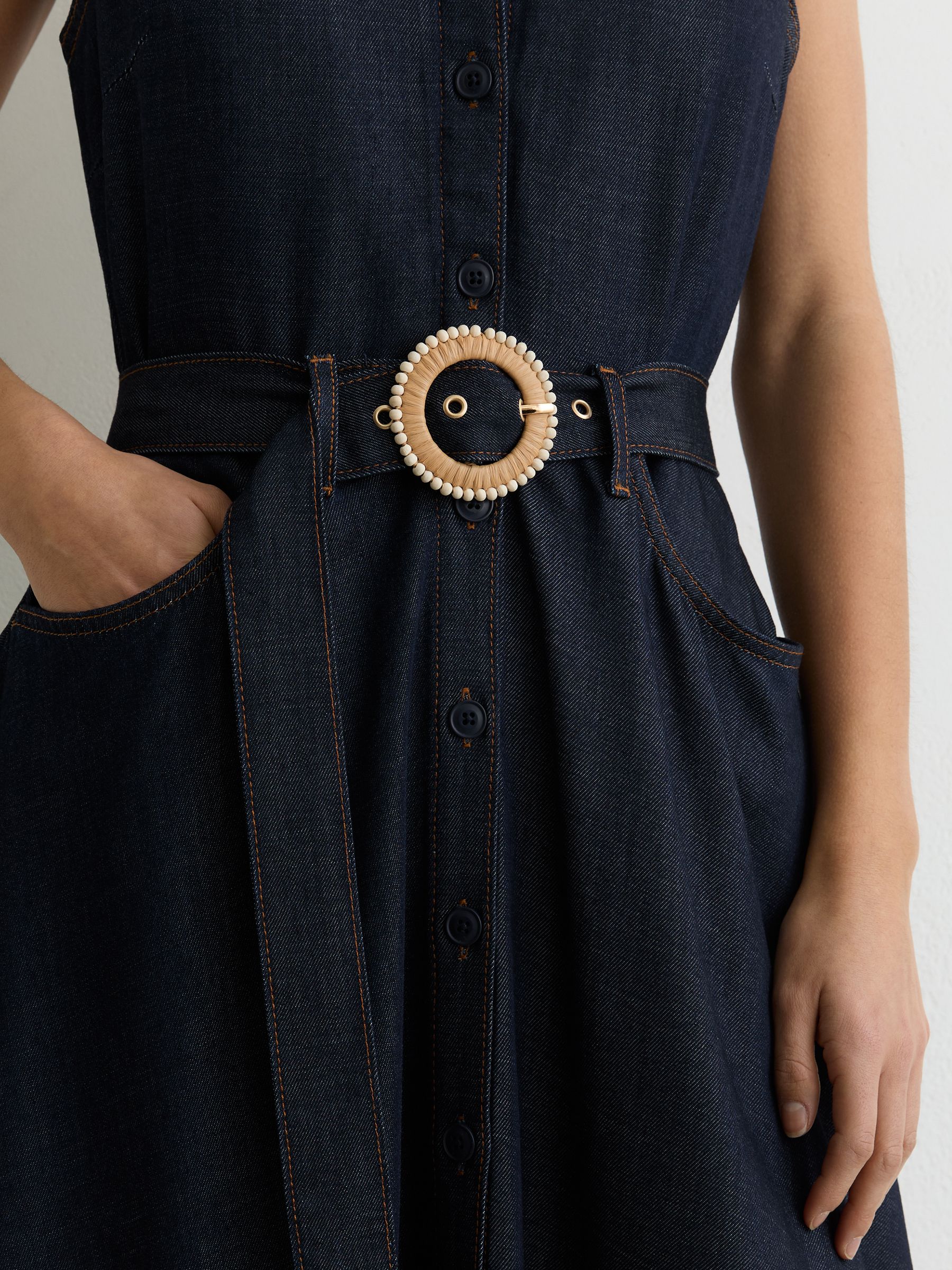 Button-Front Belted Denim Midi Dress in Indigo Blue - image 4