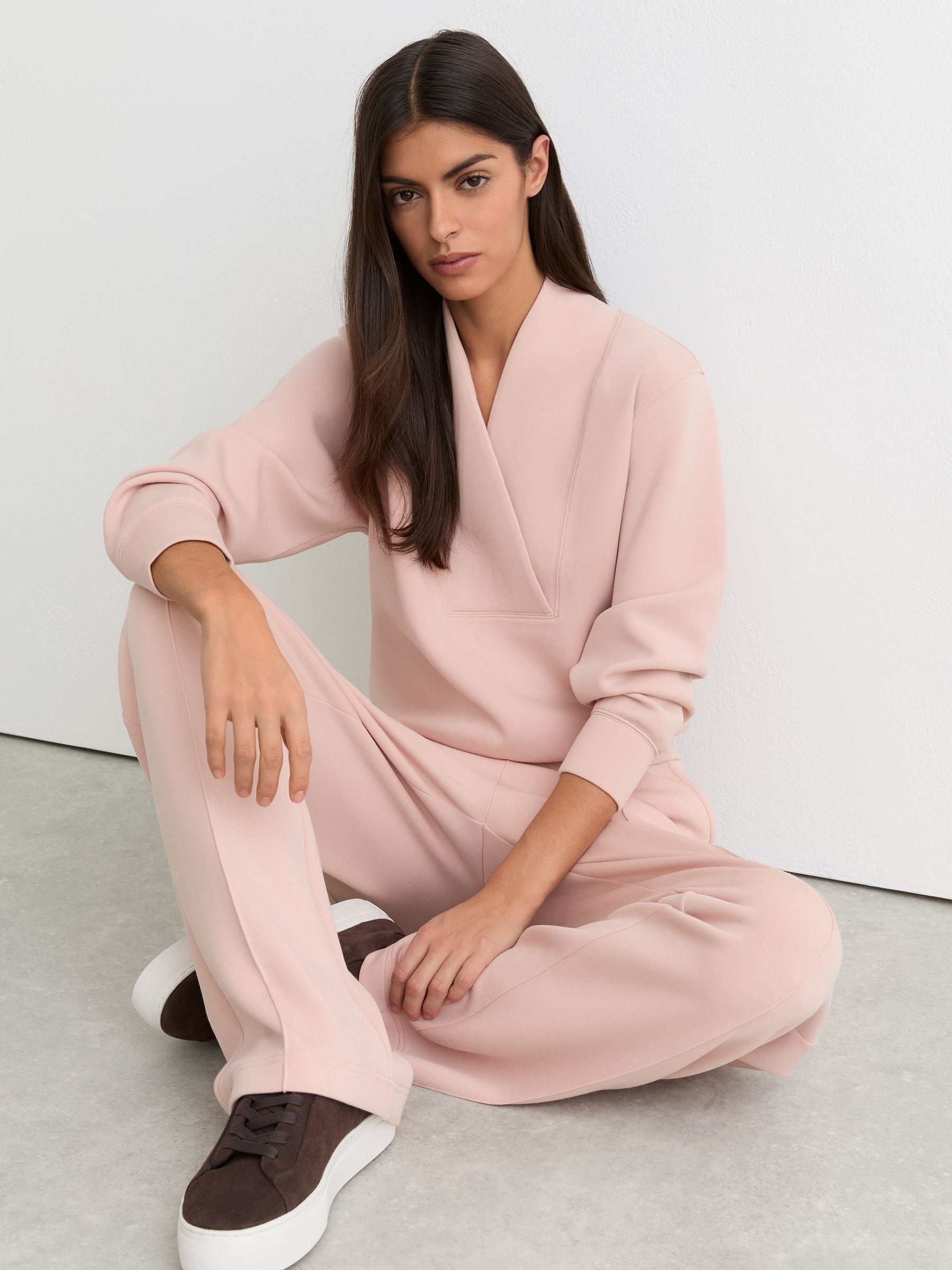 Premium Interlock Shawl-Neck Sweatshirt with Modal in Pale Pink - Image 1 of 6