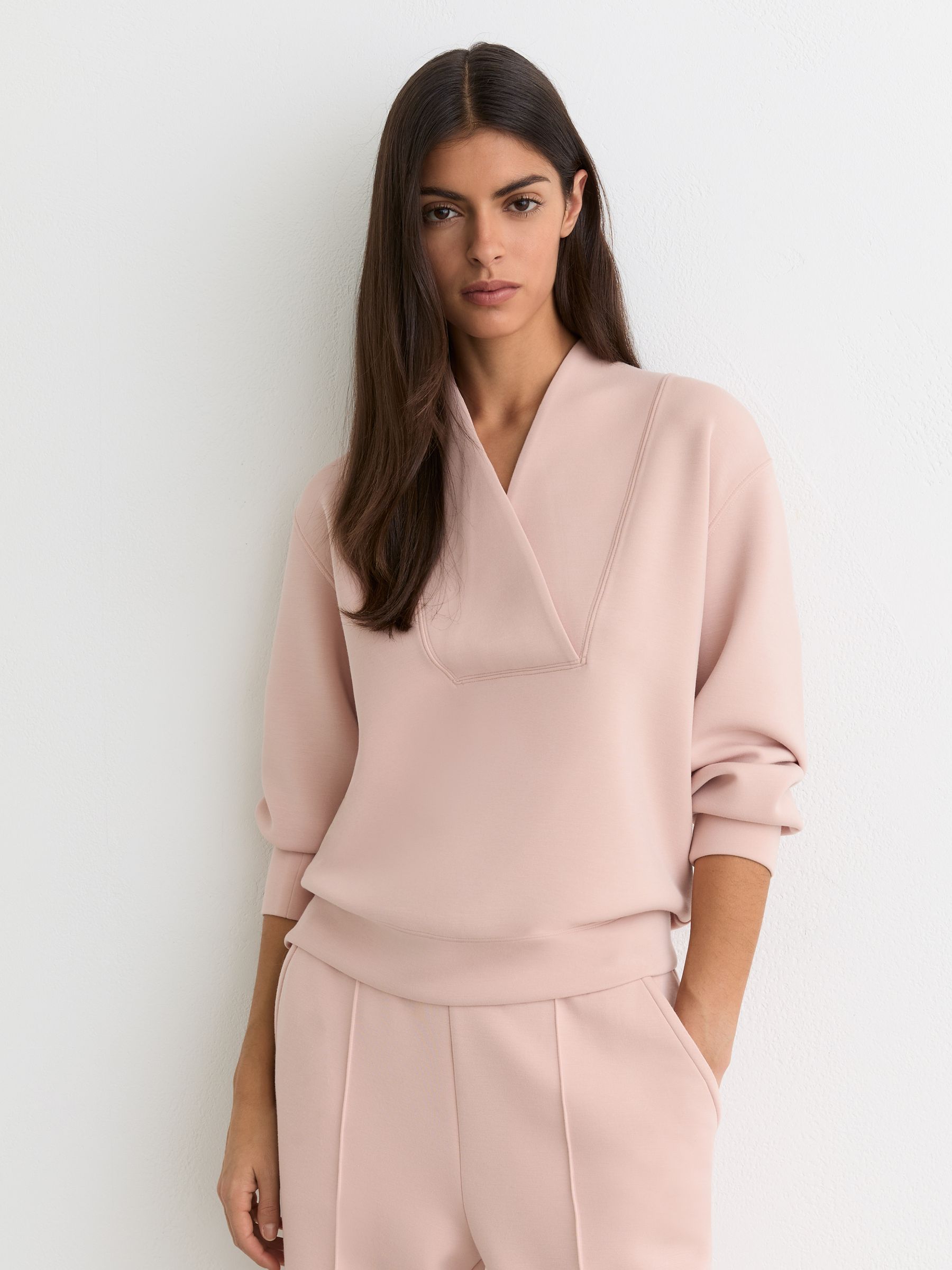 Premium Interlock Shawl-Neck Sweatshirt with Modal in Pale Pink - Image 3 of 6