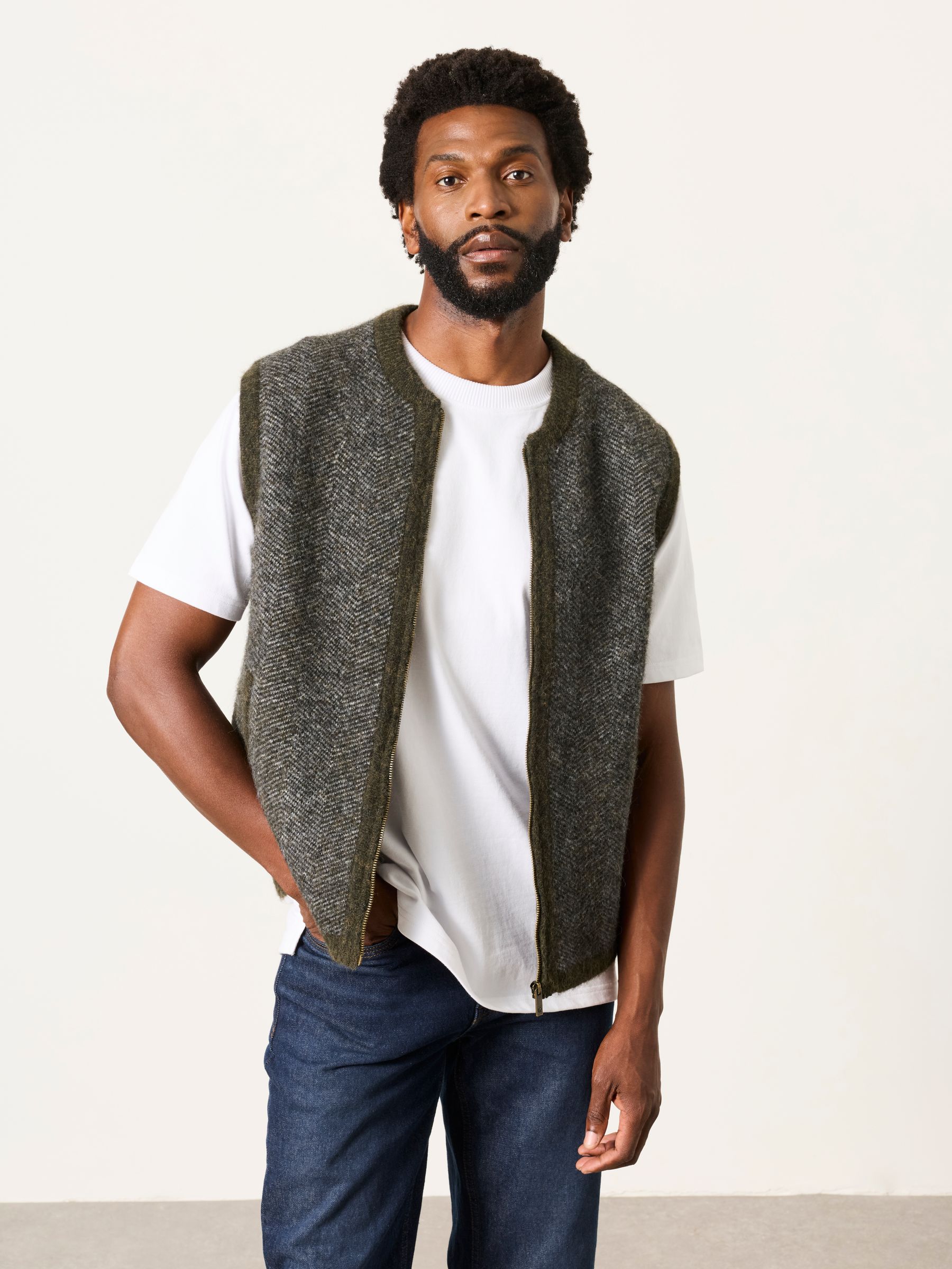 Adisham Khaki Green Knitted Zip Front Gilet - Image 1 of 6