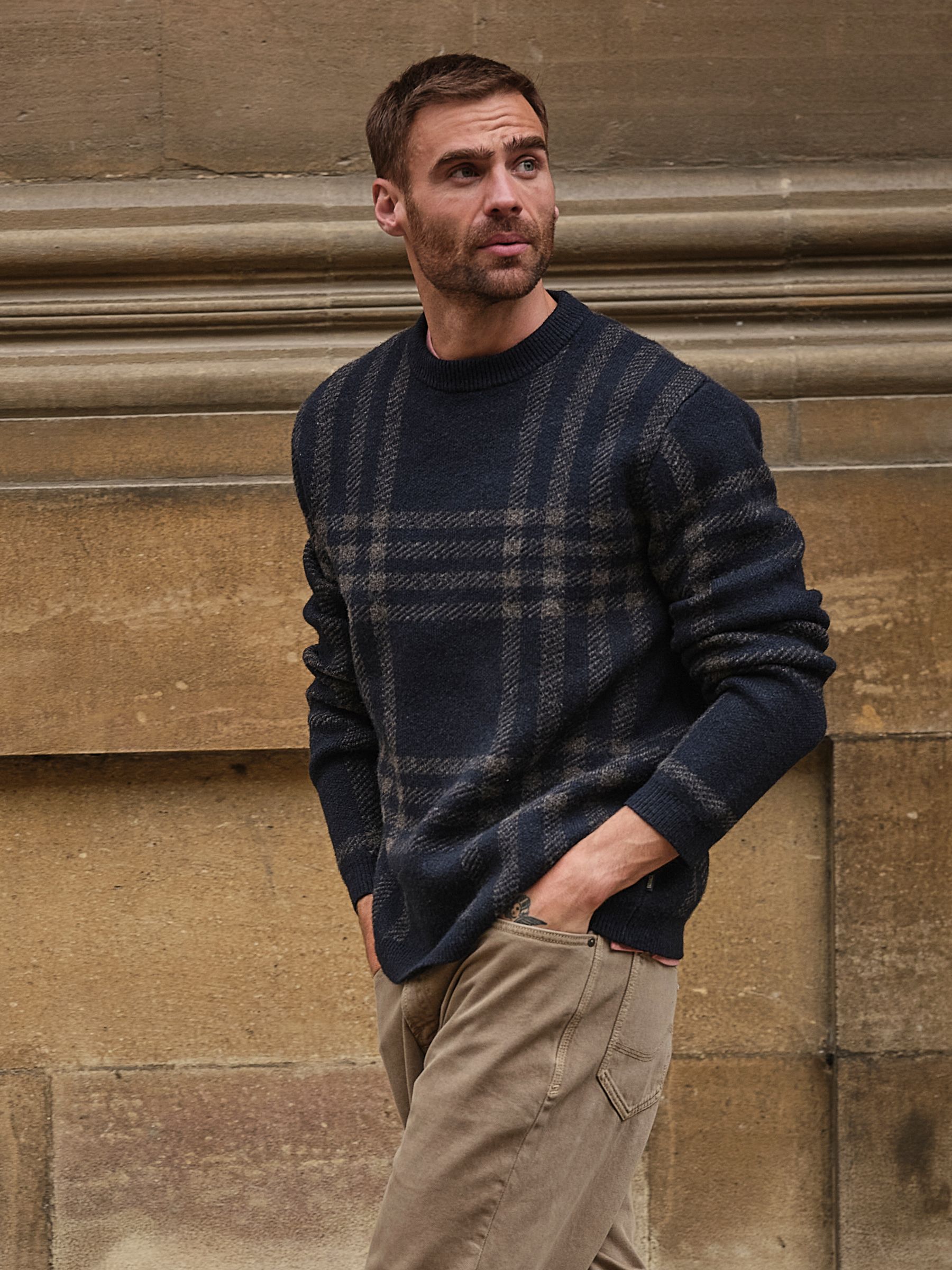 Navy Check Crew Neck Knitted Jumper - Image 1 of 7