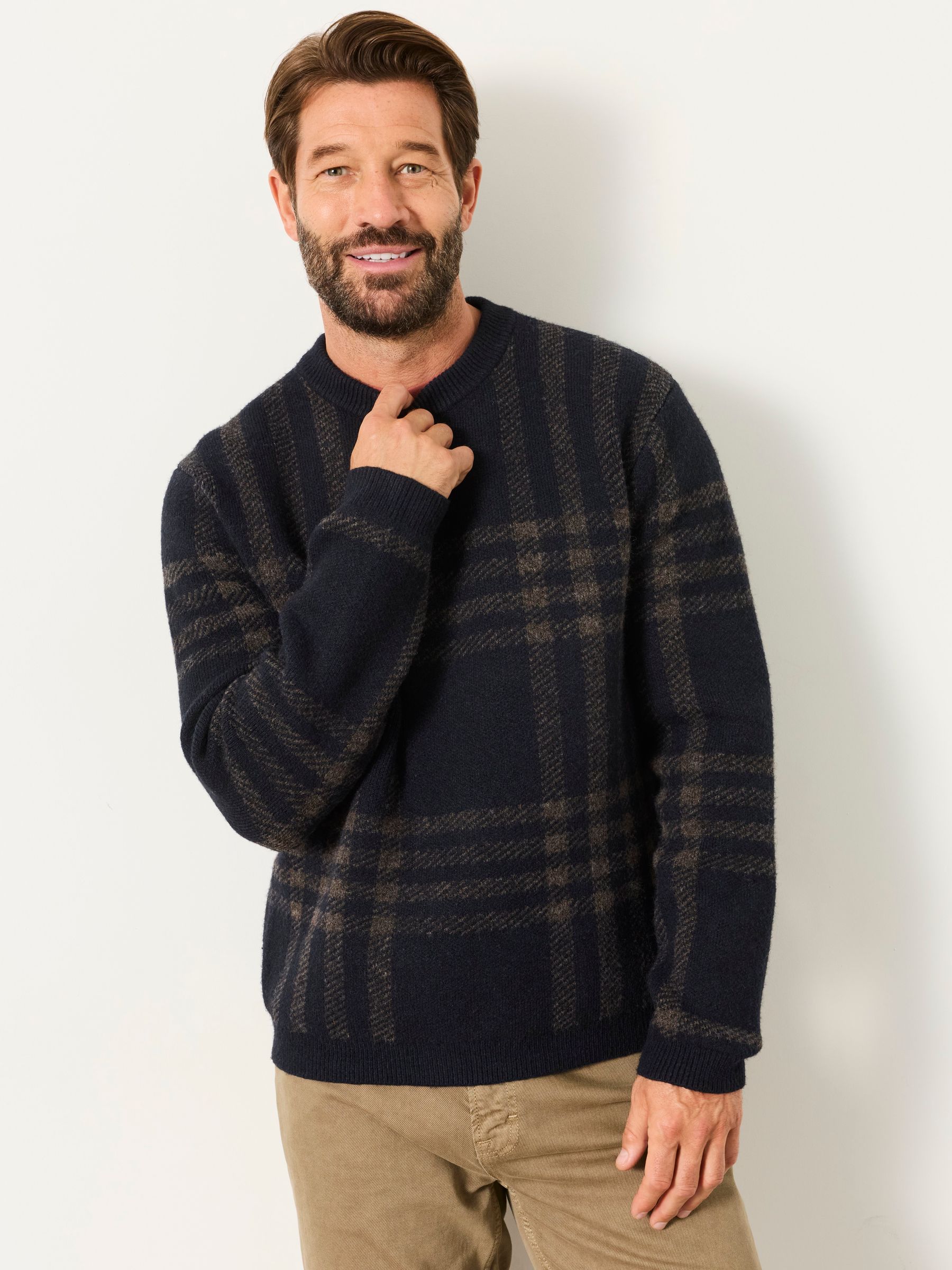 Navy Check Crew Neck Knitted Jumper - Image 2 of 7 Navy Check Crew Neck Knitted Jumper - Image 2 of 7