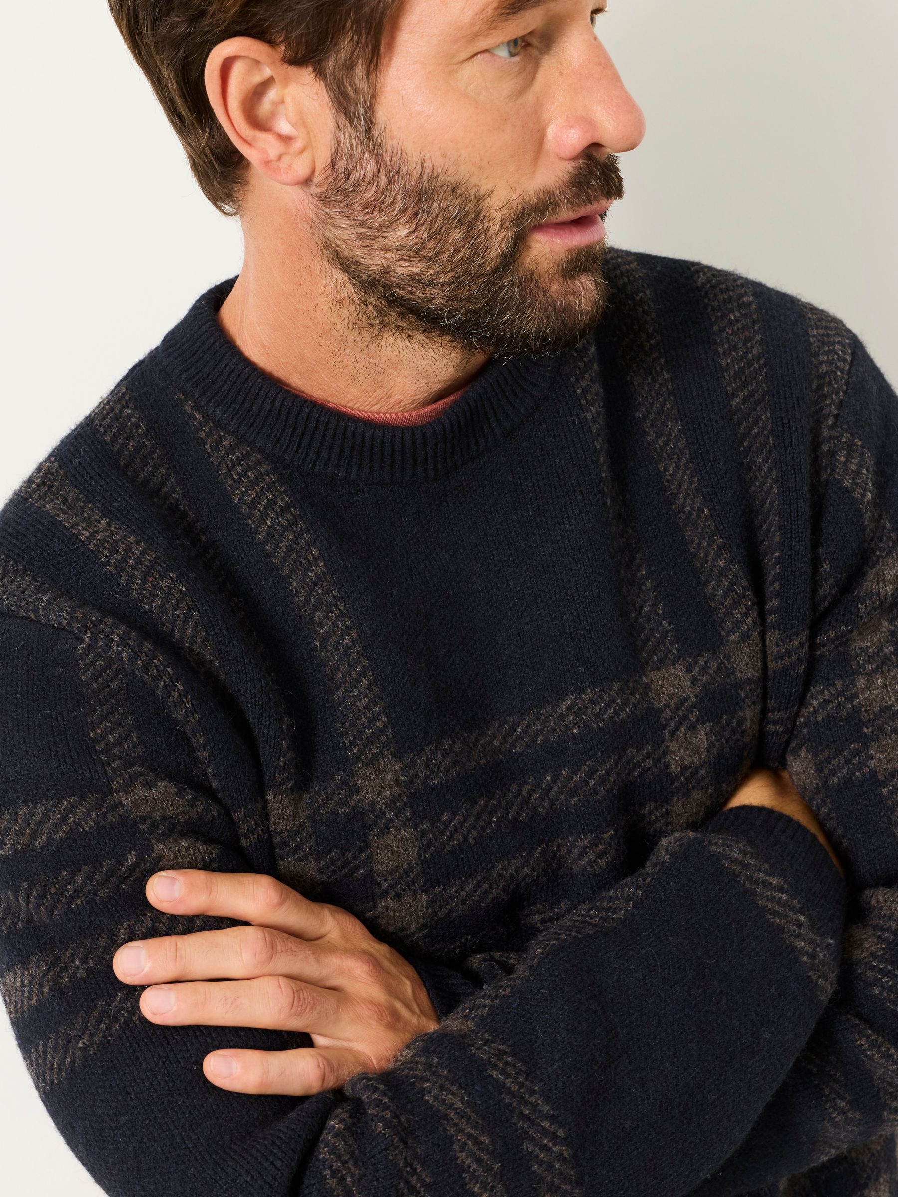 Navy Check Crew Neck Knitted Jumper - Image 4 of 7