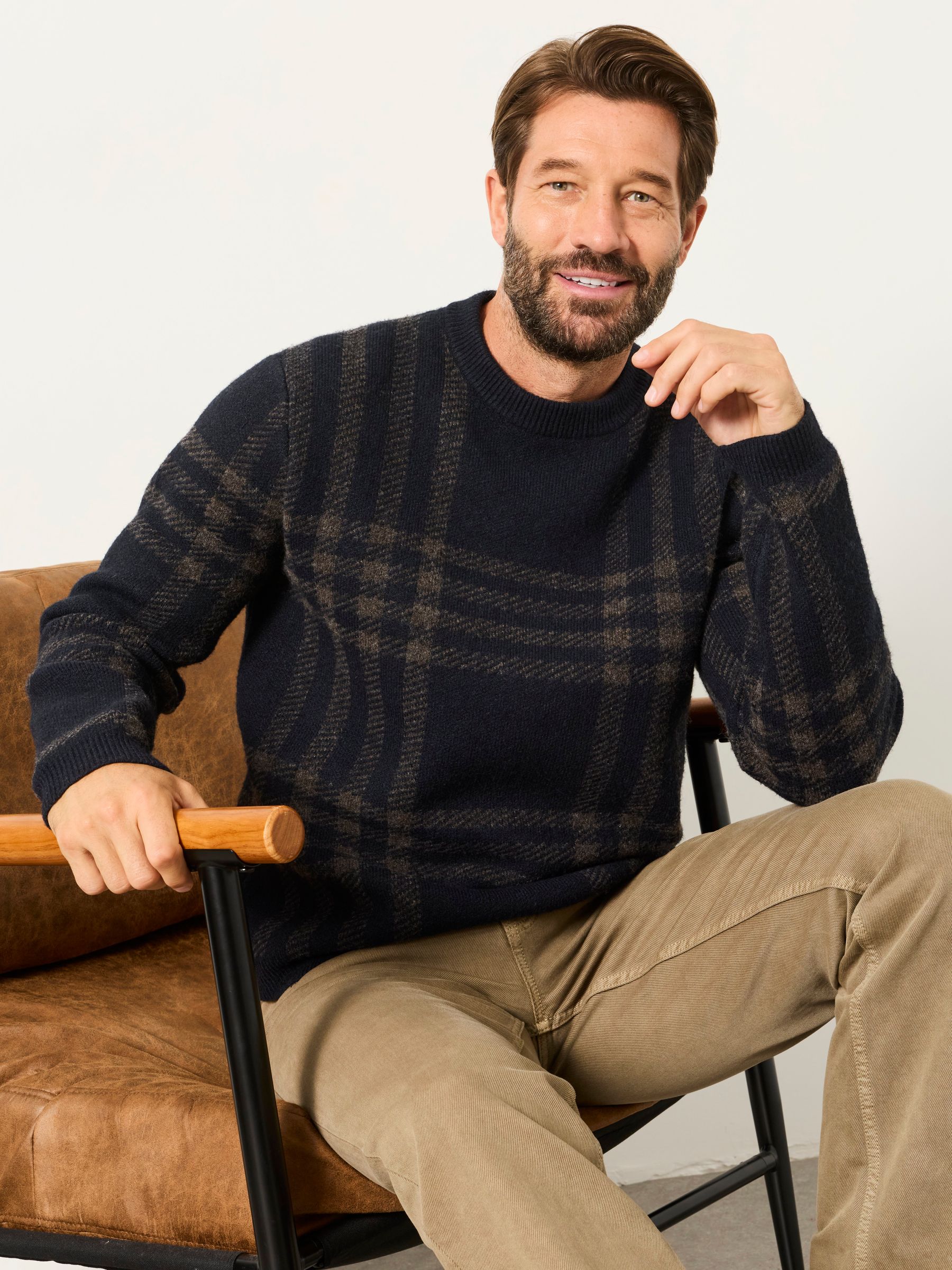 Navy Check Crew Neck Knitted Jumper - Image 6 of 7