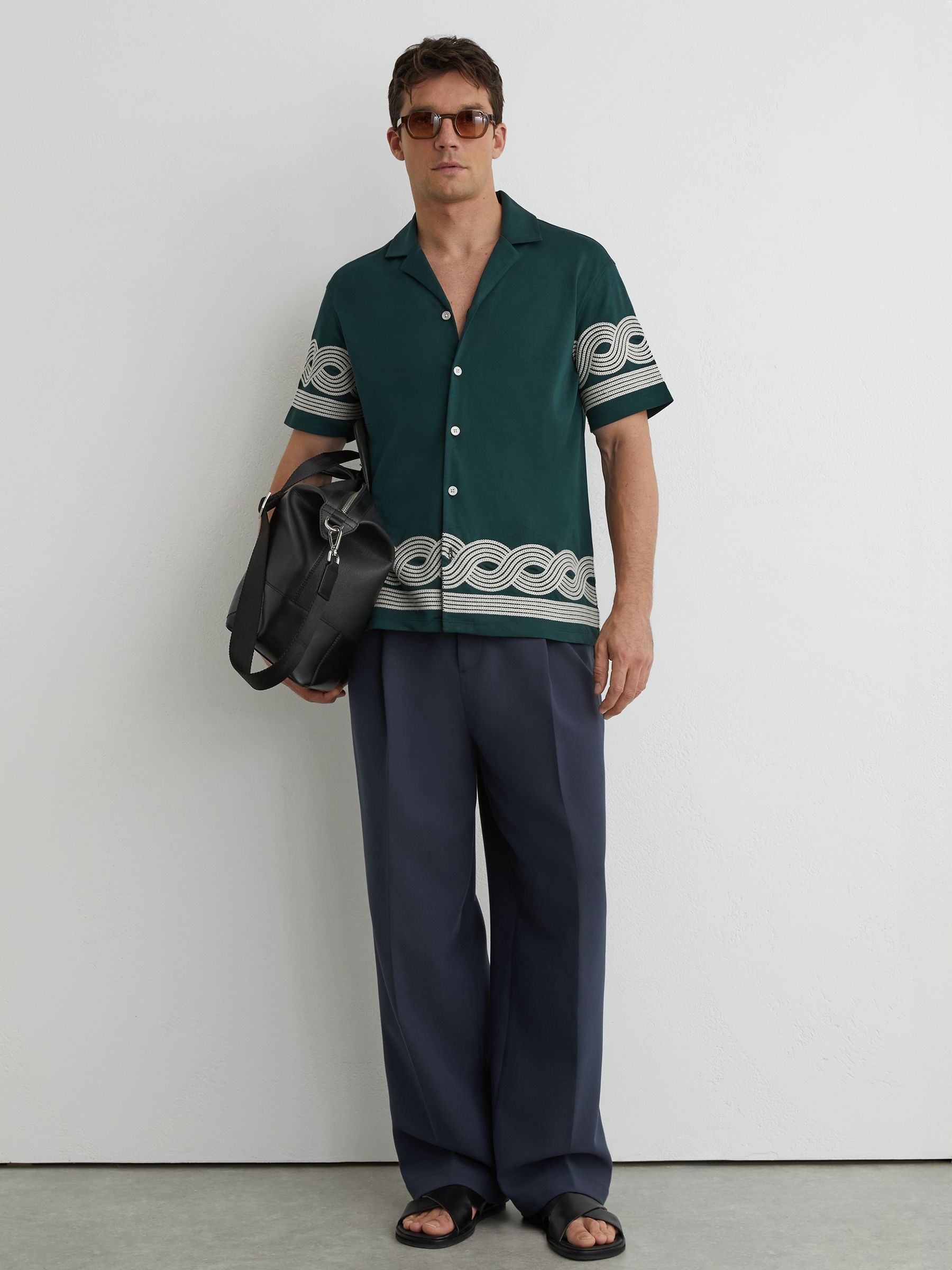 Cotton-Blend Embroidered Cuban-Collar Shirt in Dark Green - image 2