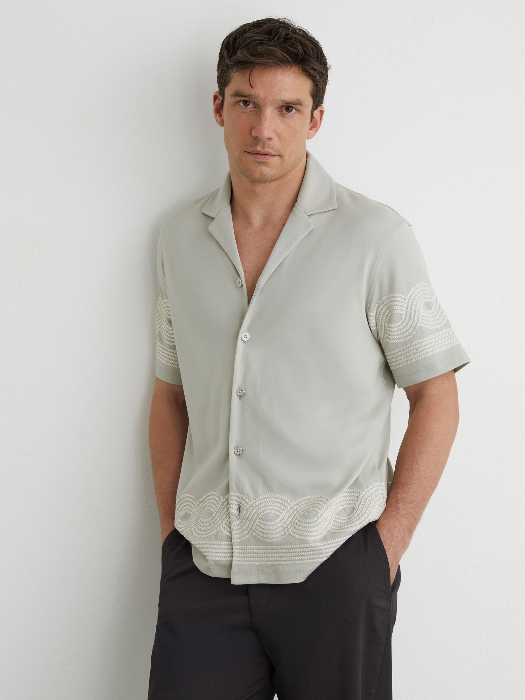 Cotton-Blend Embroidered Cuban-Collar Shirt in Dark Green - Image 1 of 6