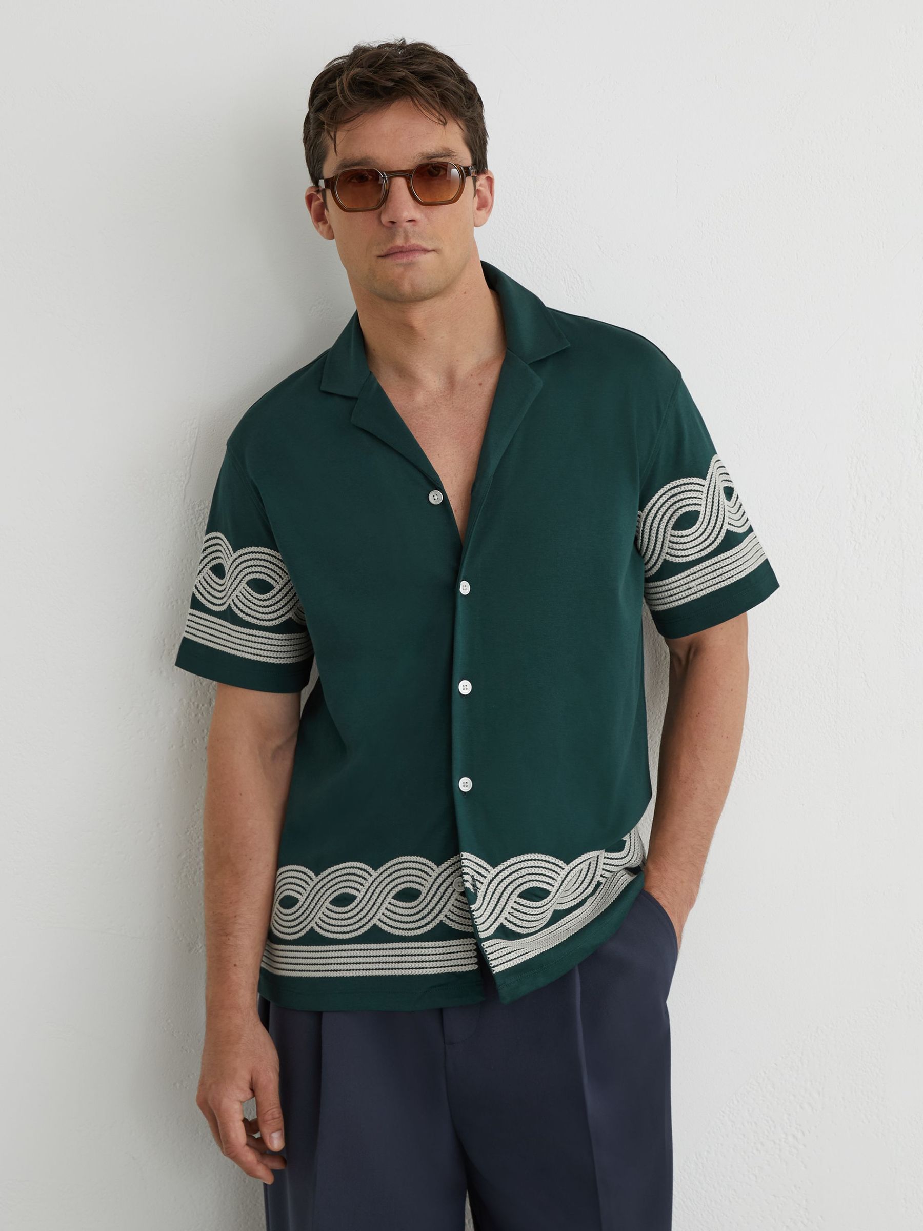 Cotton-Blend Embroidered Cuban-Collar Shirt in Dark Green - image 5