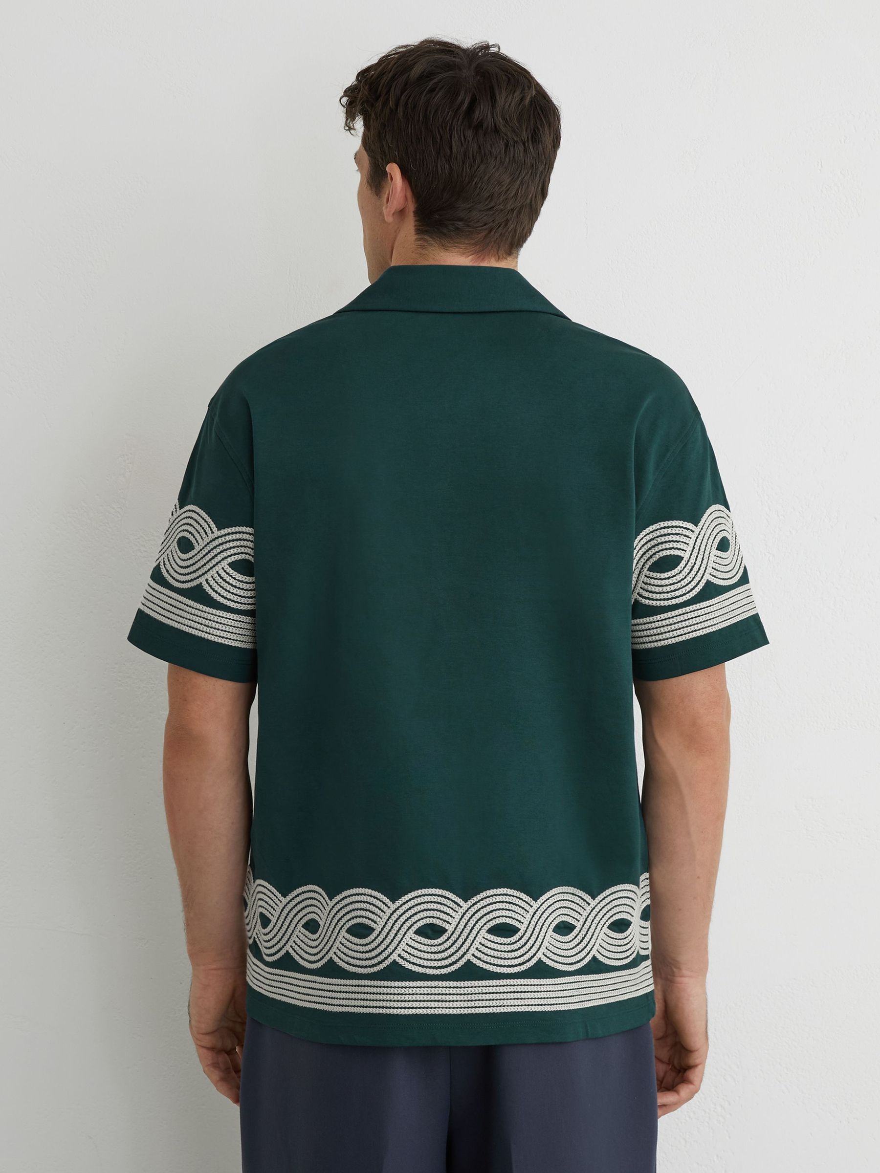 Cotton-Blend Embroidered Cuban-Collar Shirt in Dark Green - image 4