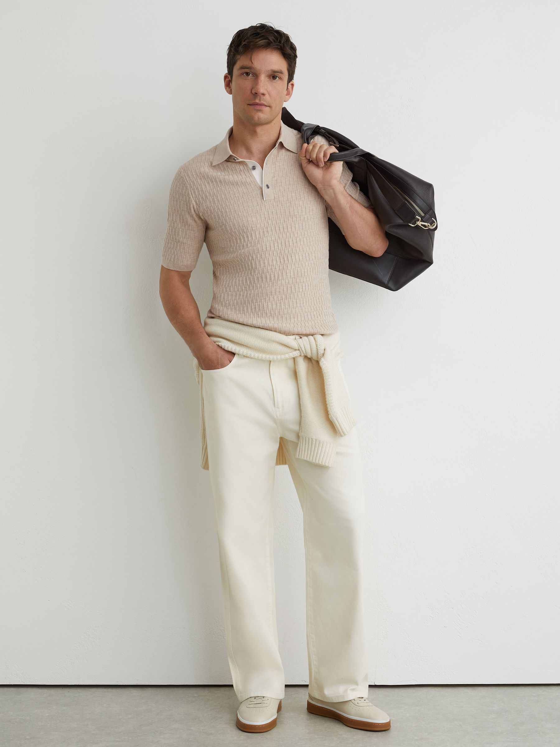 Textured-Knit Half-Button Polo Shirt in Oatmeal Brown - image 2