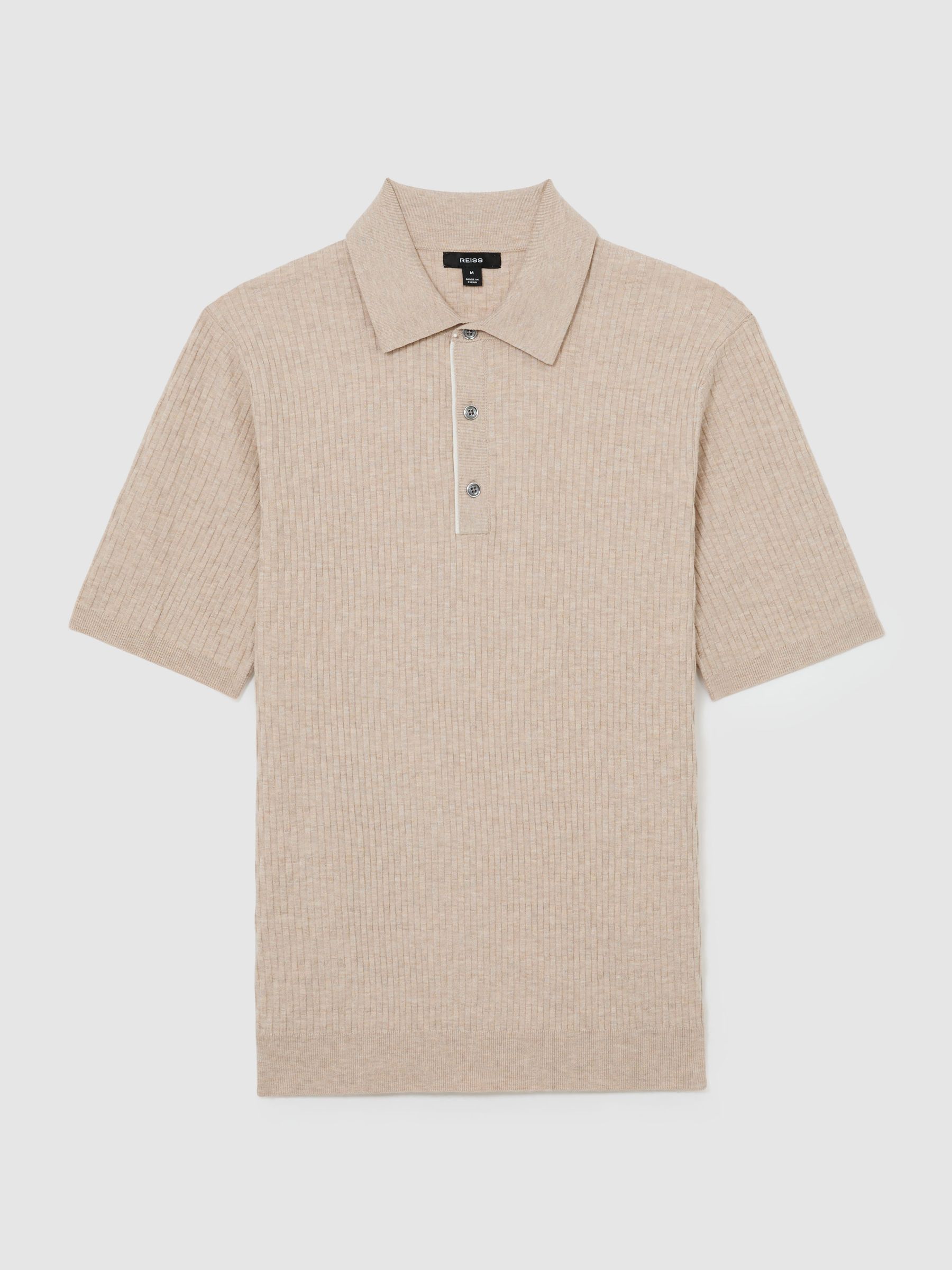 Textured-Knit Half-Button Polo Shirt in Oatmeal Brown - Image 2 of 6