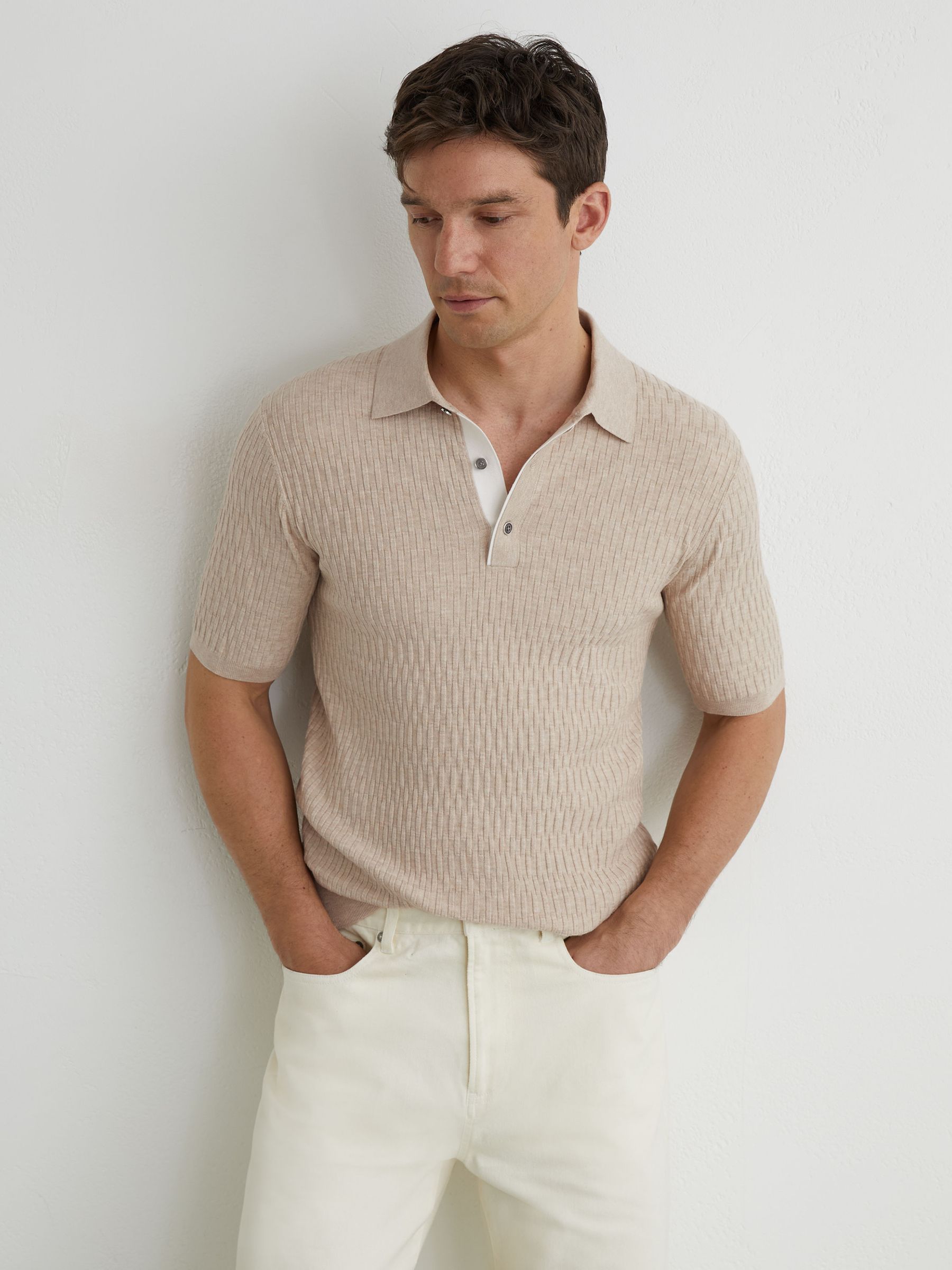 Textured-Knit Half-Button Polo Shirt in Oatmeal Brown - Image 4 of 6