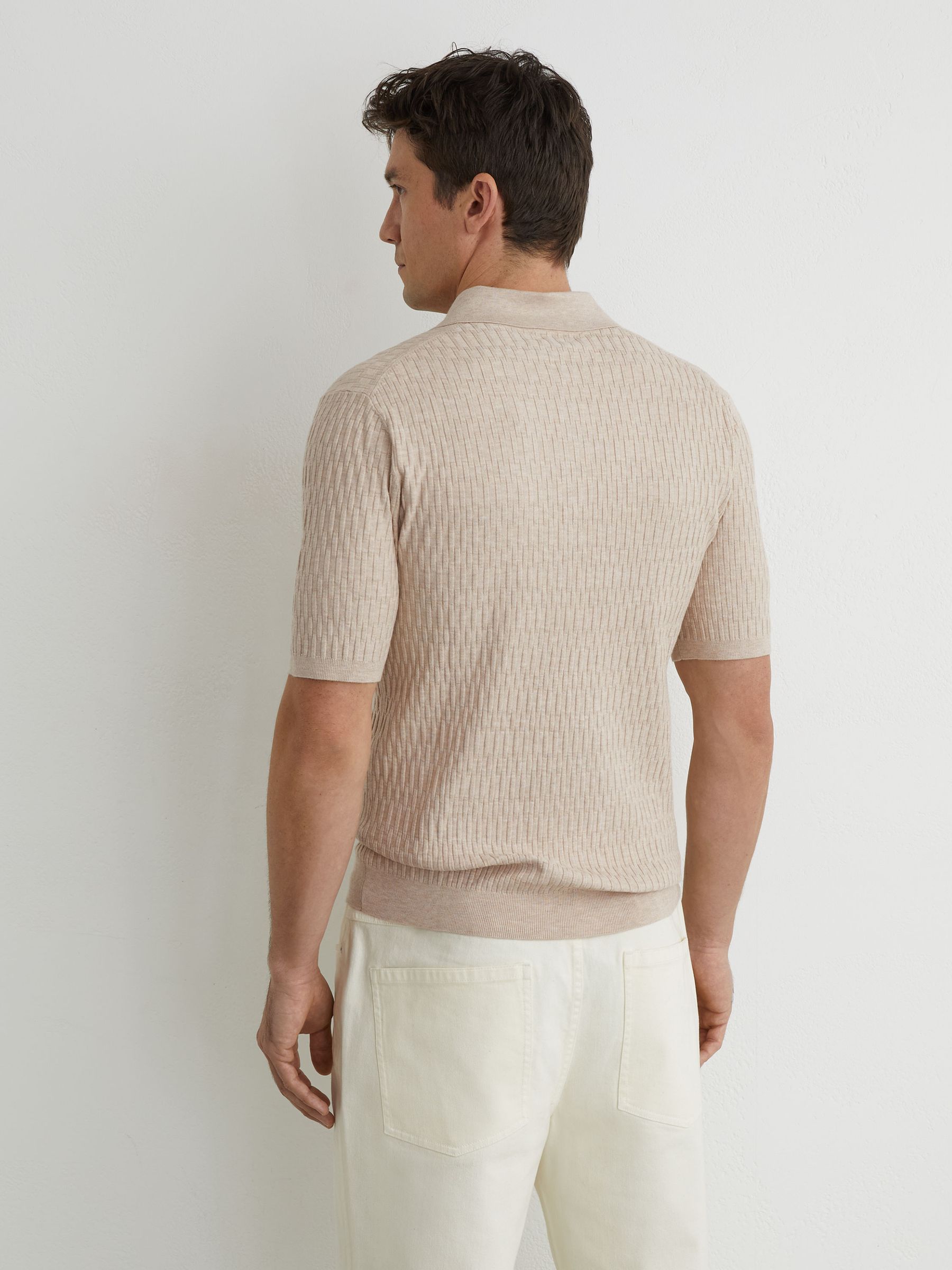 Textured-Knit Half-Button Polo Shirt in Oatmeal Brown - image 4