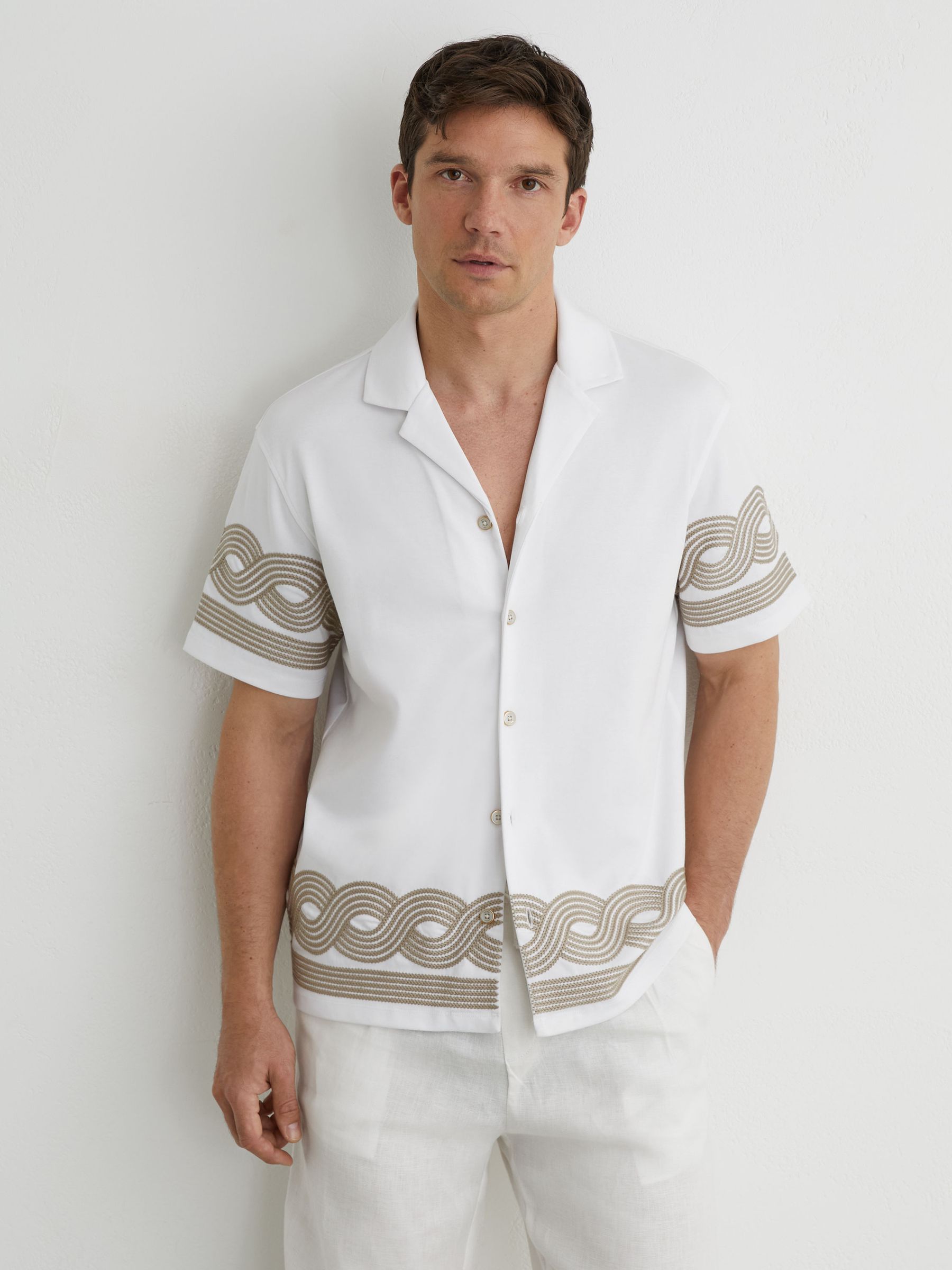 Cotton-Blend Embroidered Cuban-Collar Shirt in White - Image 1 of 6