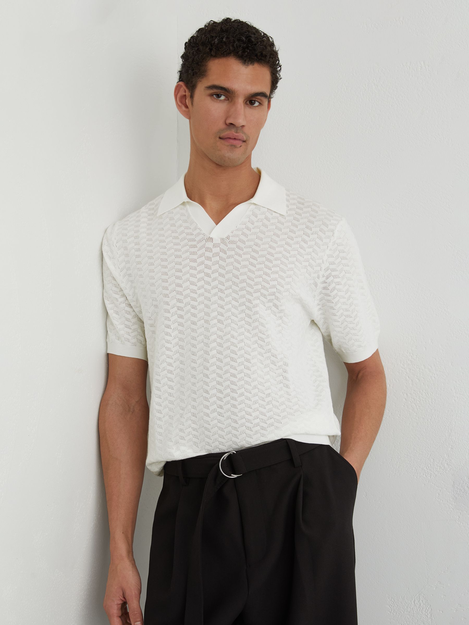 Textured-Knit Open-Collar Polo Shirt in White - Image 1 of 6