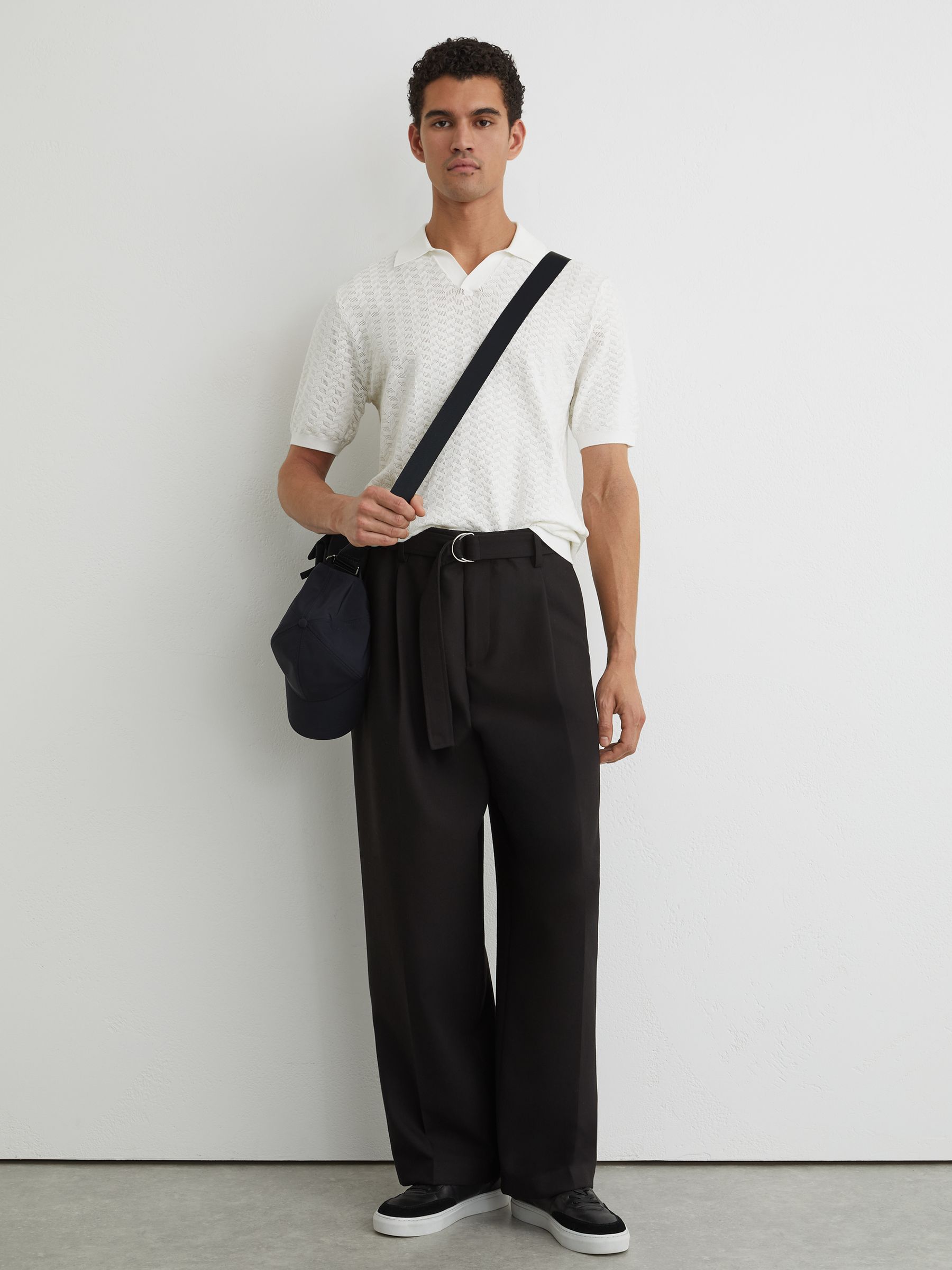 Textured-Knit Open-Collar Polo Shirt in White - Image 3 of 6