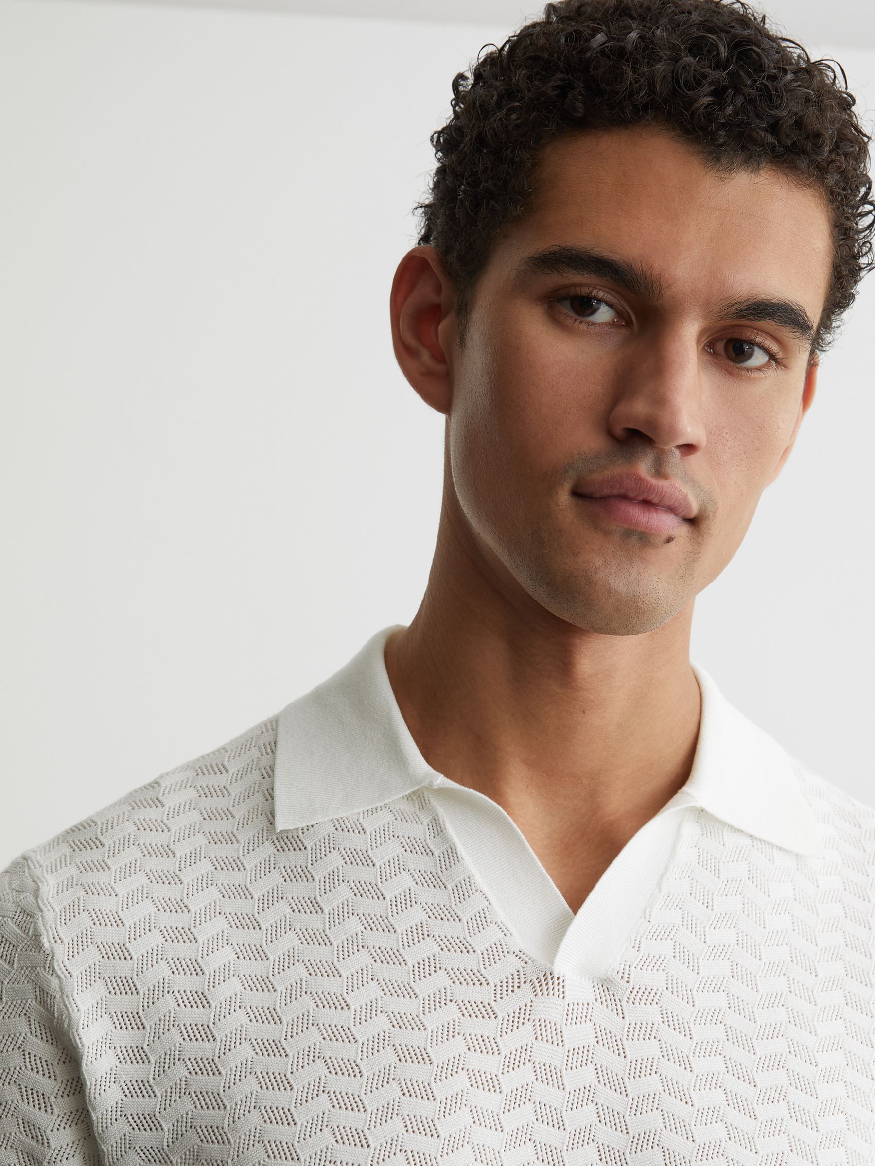Textured-Knit Open-Collar Polo Shirt in White - image 5