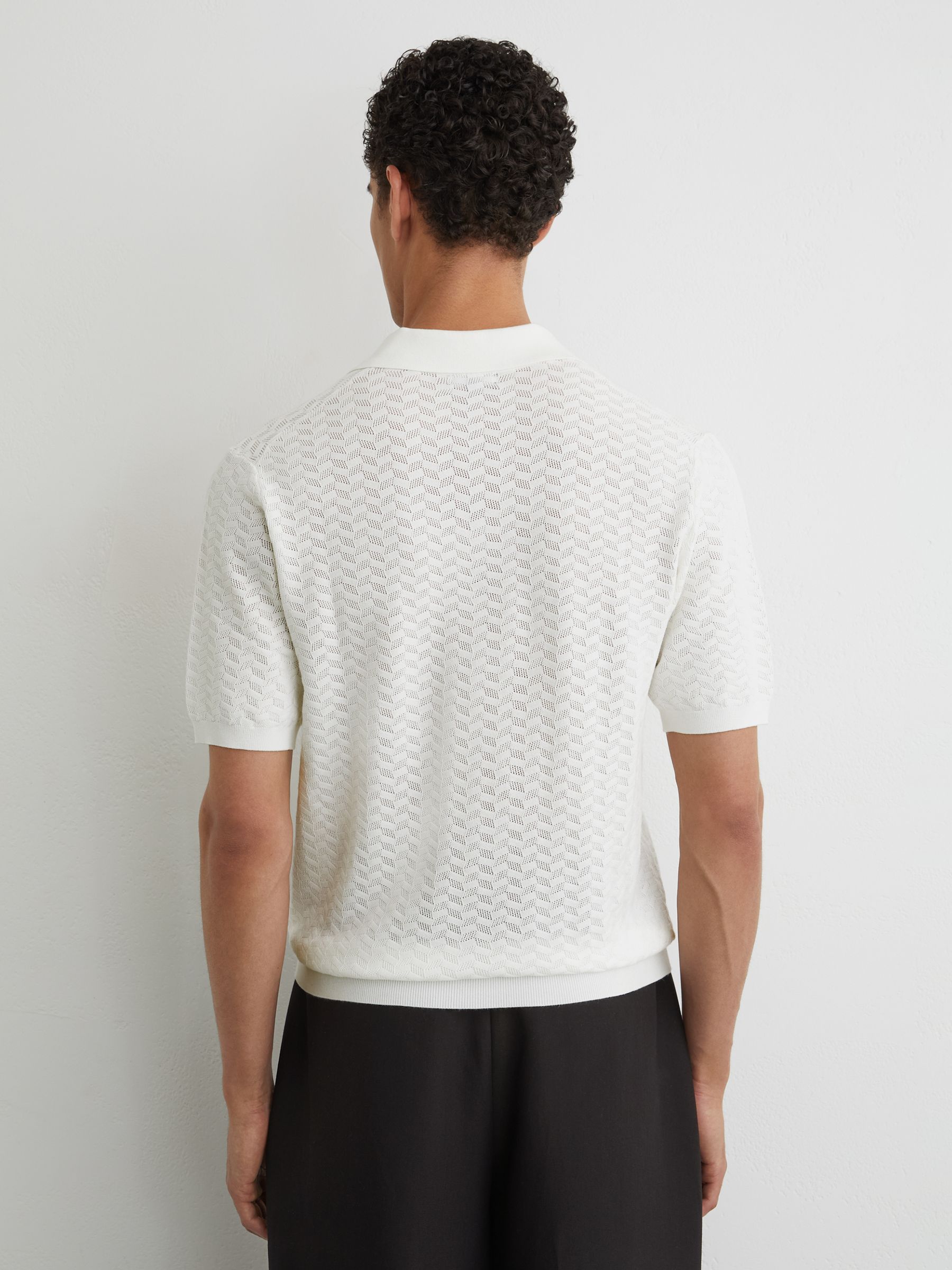 Textured-Knit Open-Collar Polo Shirt in White - image 3