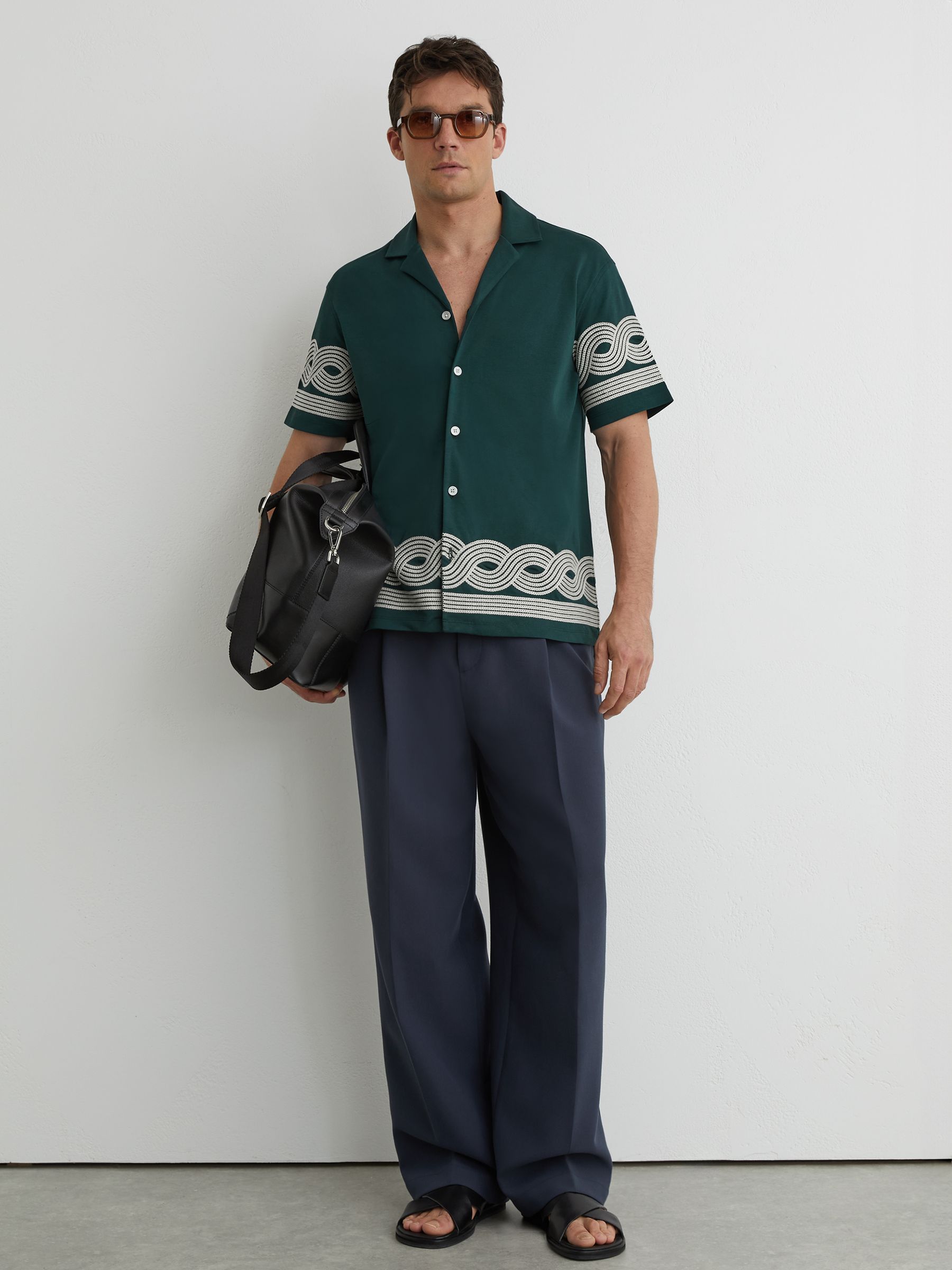 Cotton-Blend Embroidered Cuban-Collar Shirt in Soft Sage Green - Image 1 of 6