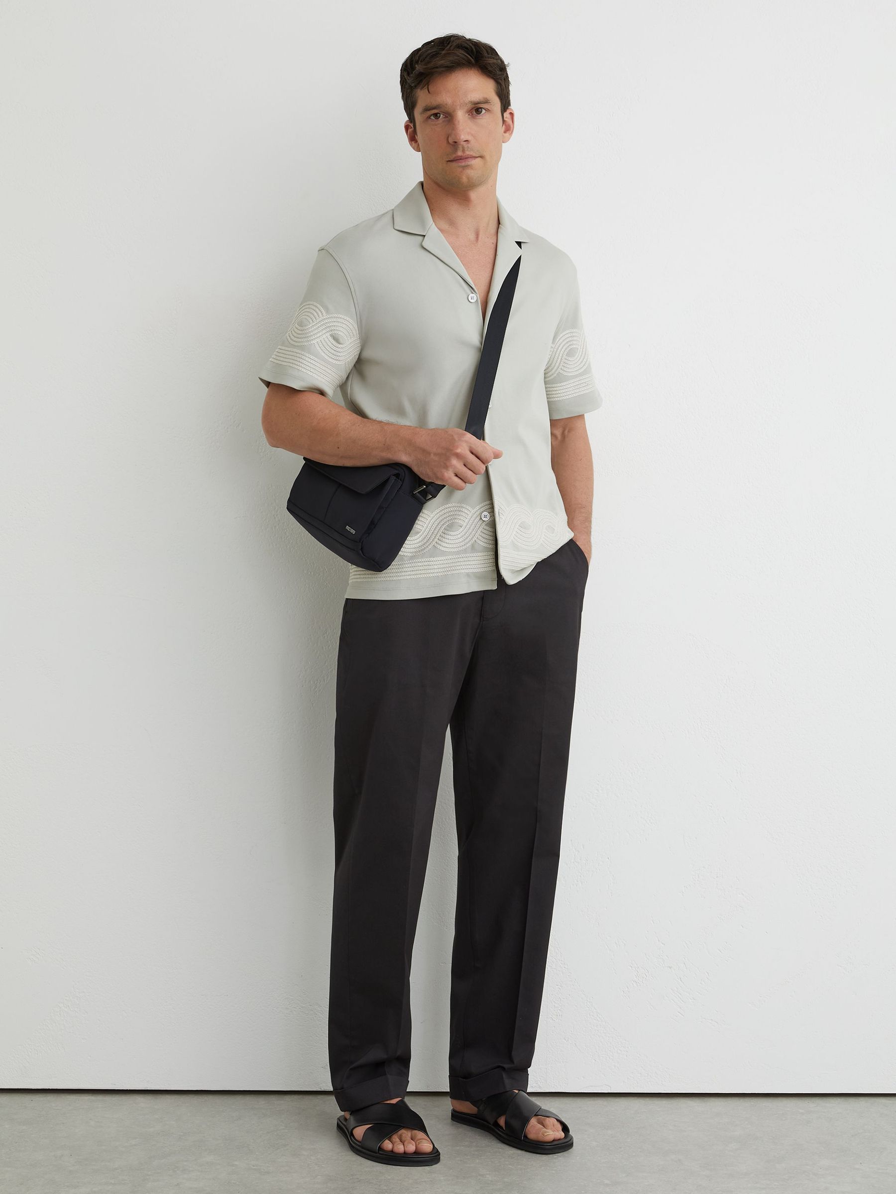 Cotton-Blend Embroidered Cuban-Collar Shirt in Soft Sage Green - image 5