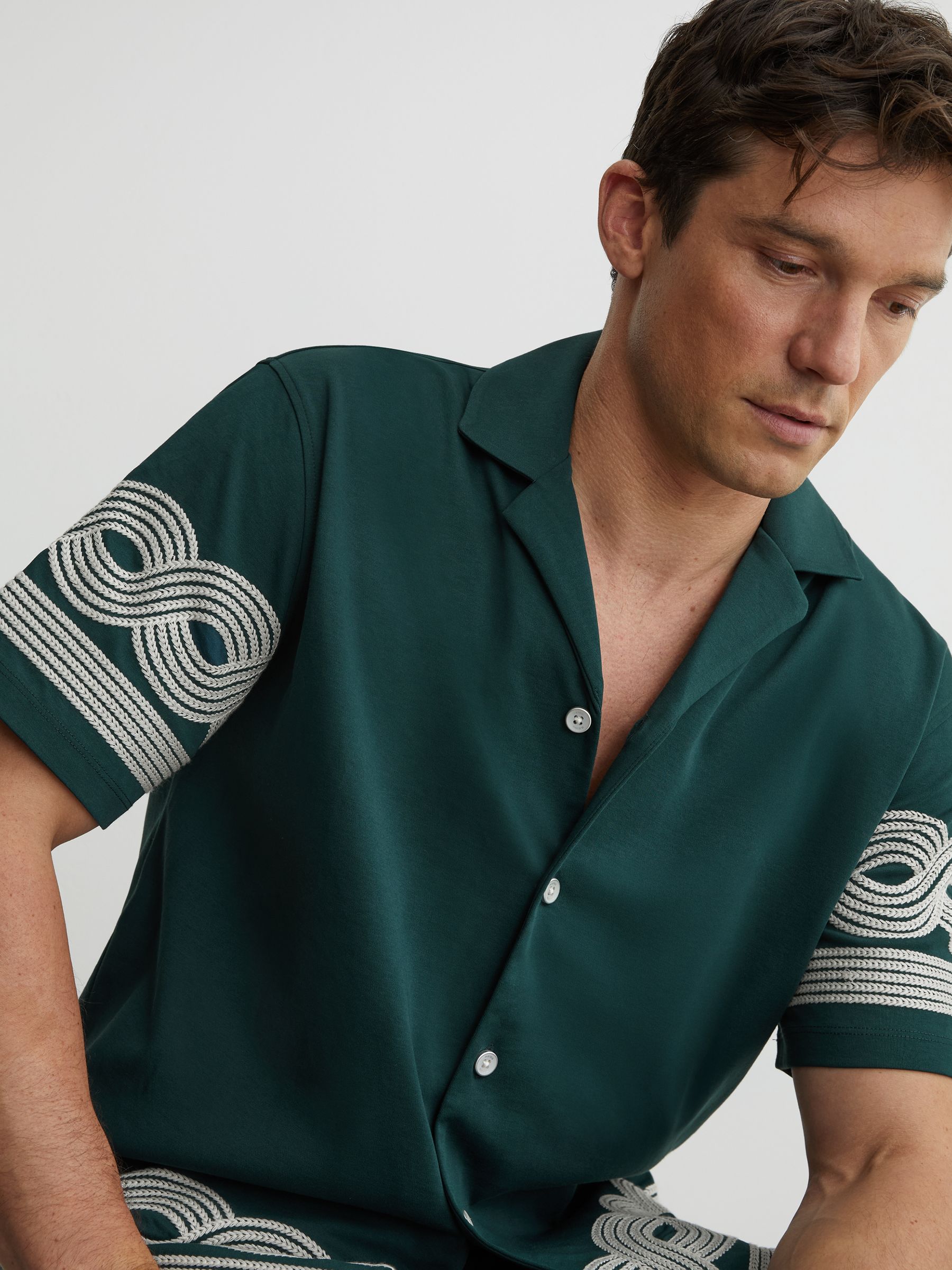 Cotton-Blend Embroidered Cuban-Collar Shirt in Soft Sage Green - Image 3 of 6