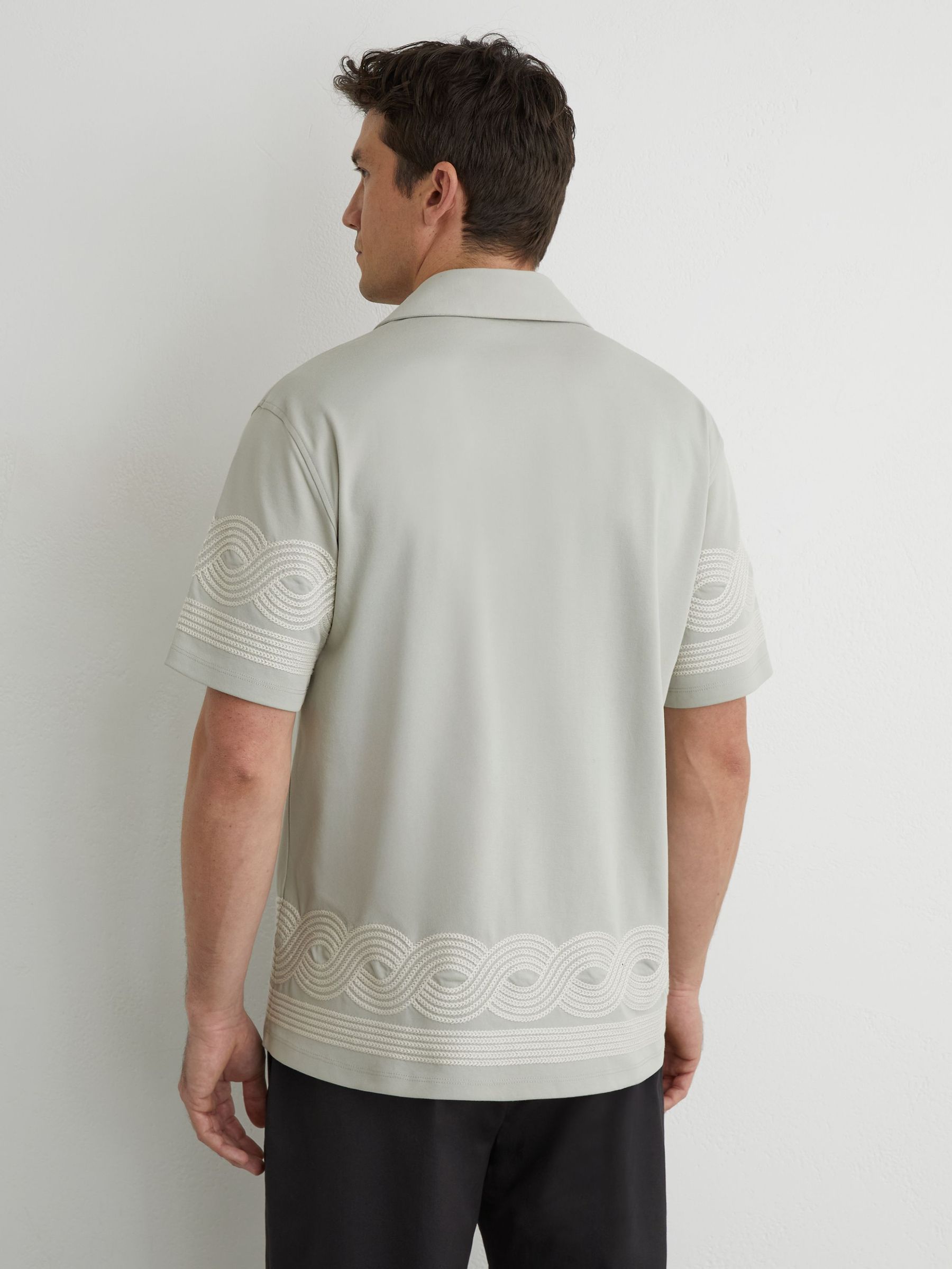Cotton-Blend Embroidered Cuban-Collar Shirt in Soft Sage Green - image 4