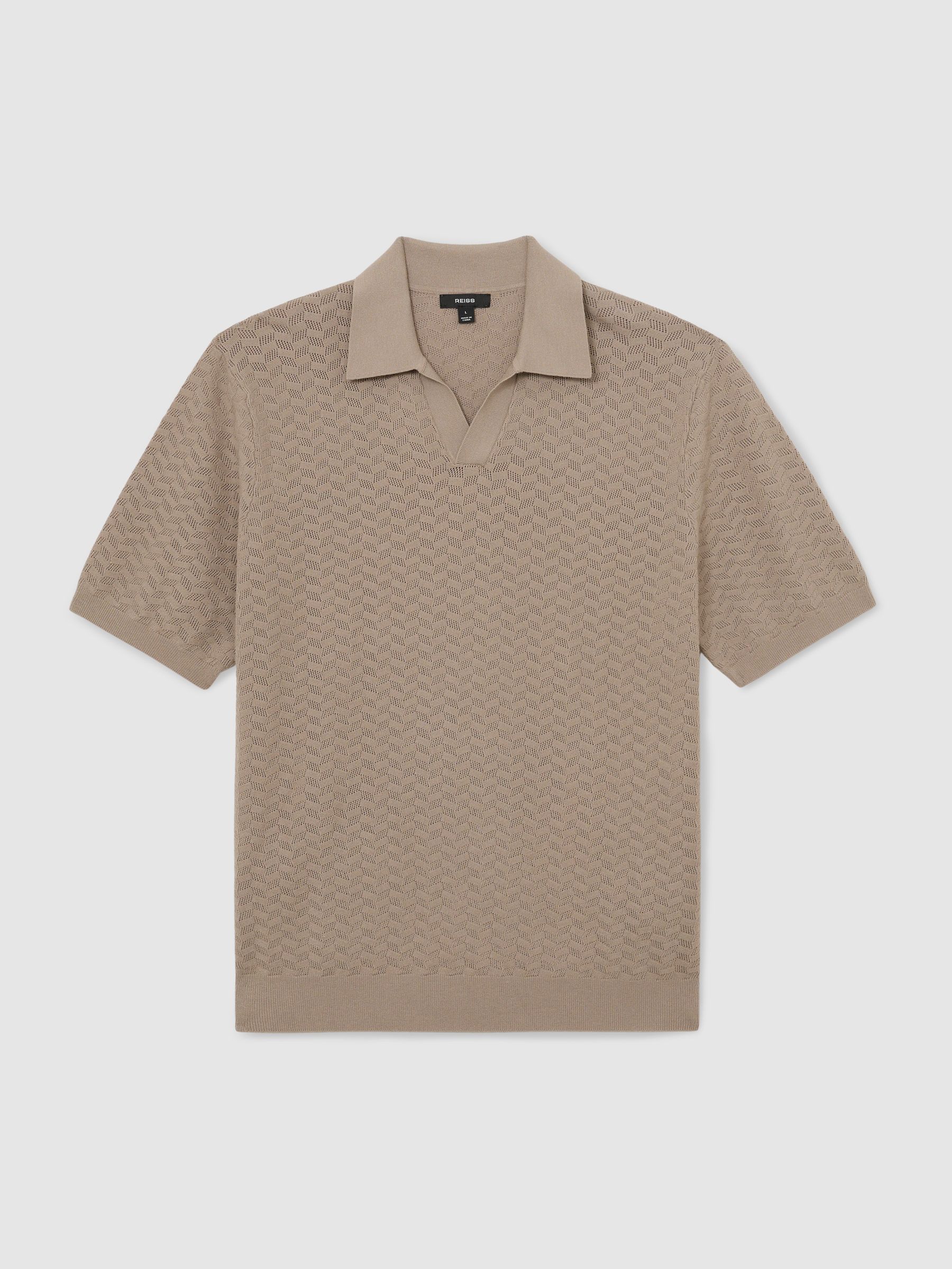 Textured-Knit Open-Collar Polo Shirt in Taupe Brown - image 1
