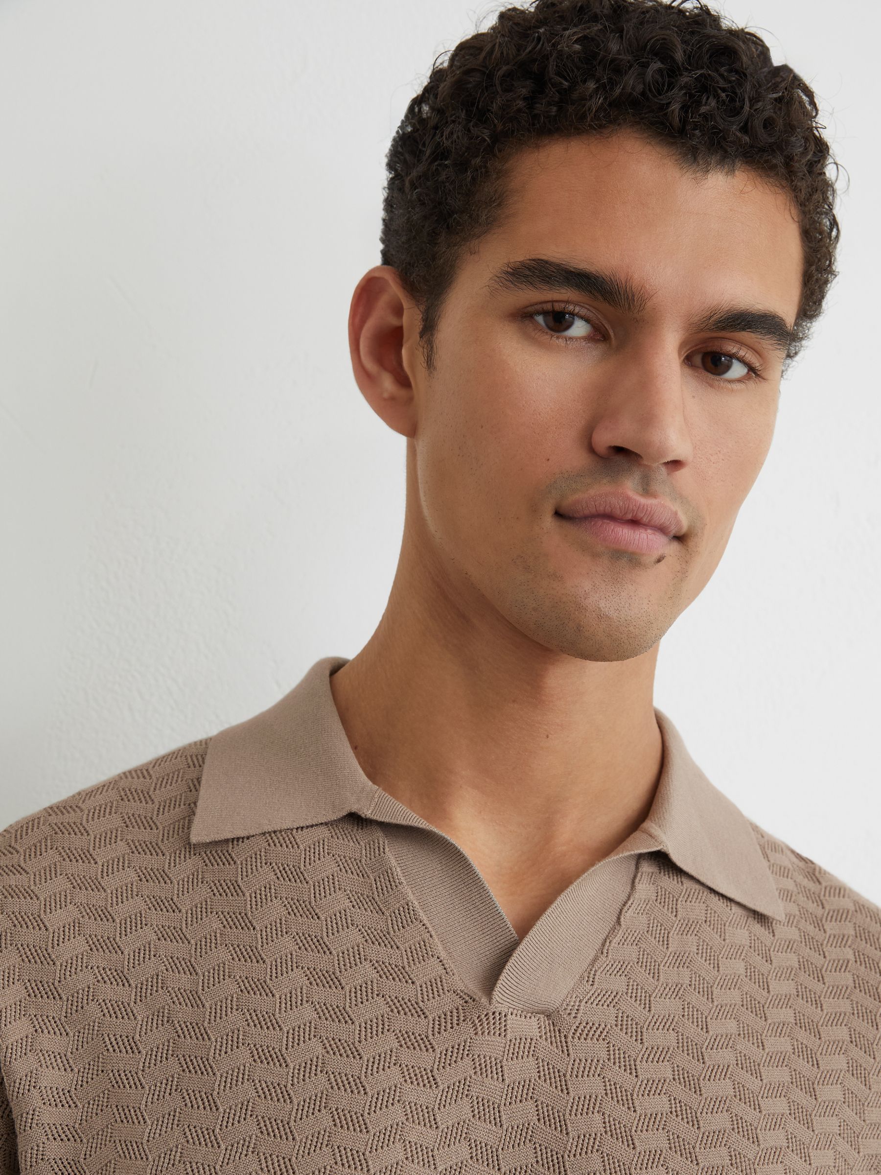 Textured-Knit Open-Collar Polo Shirt in Taupe Brown - image 5