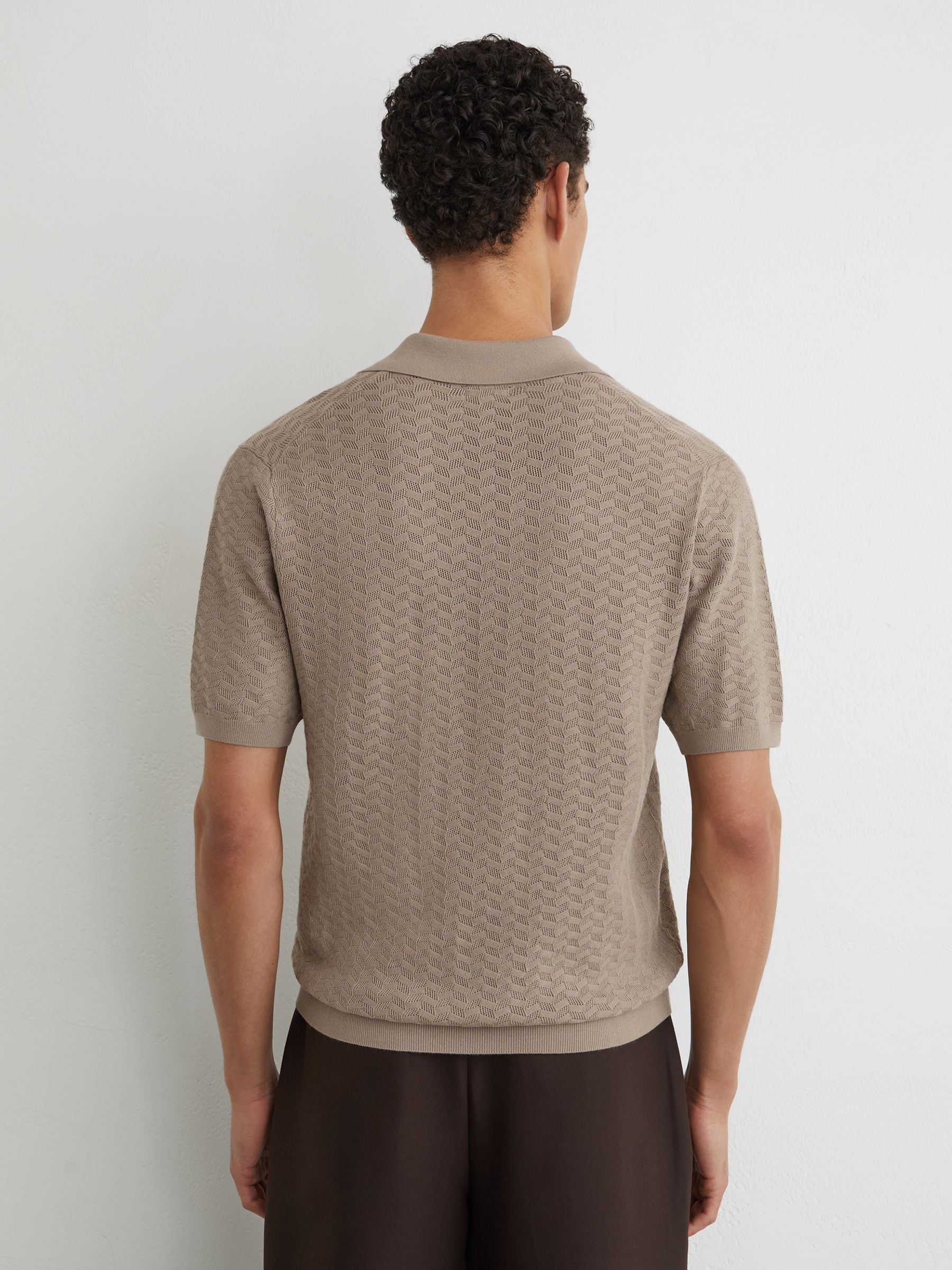 Textured-Knit Open-Collar Polo Shirt in Taupe Brown - image 4