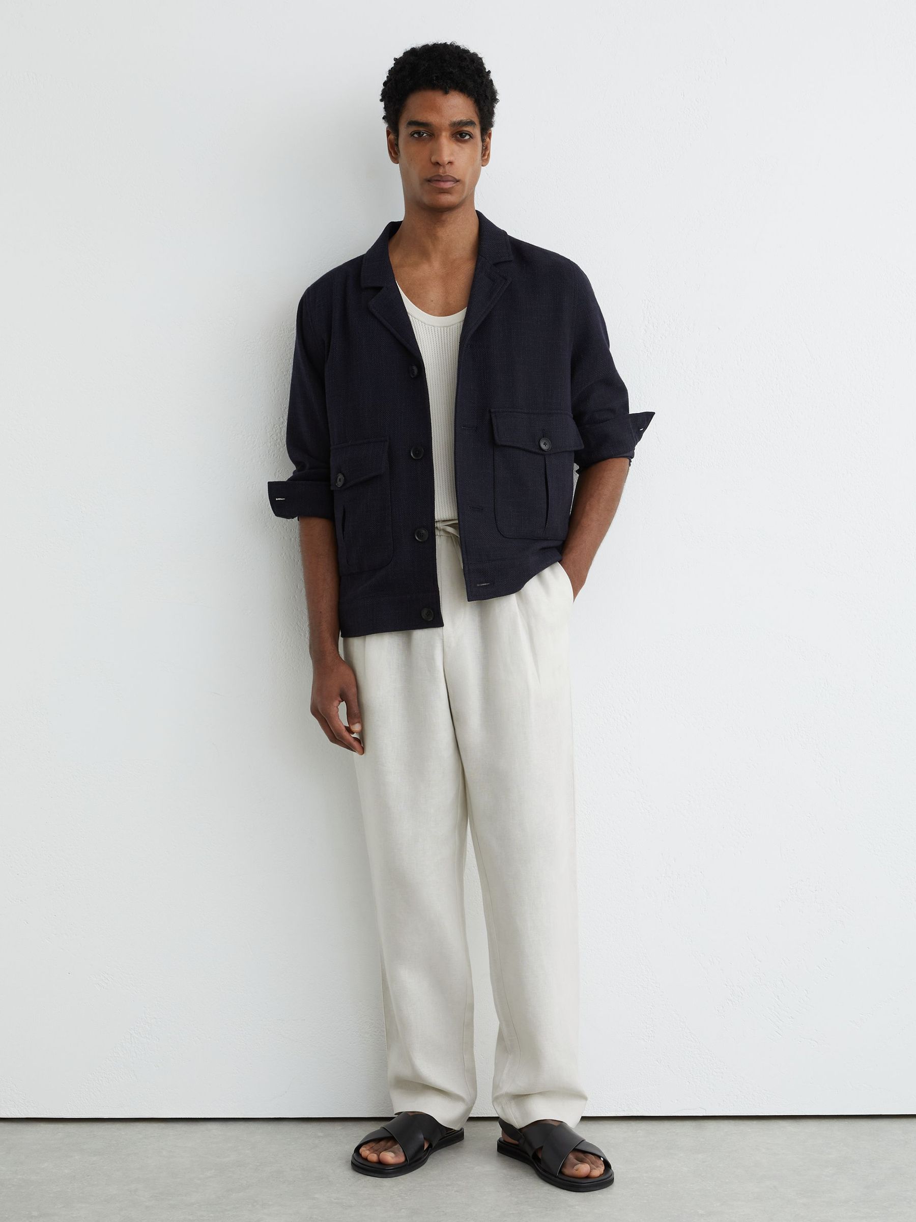 Linen Relaxed-Fit Drawstring Trousers in Stone - Image 1 of 5