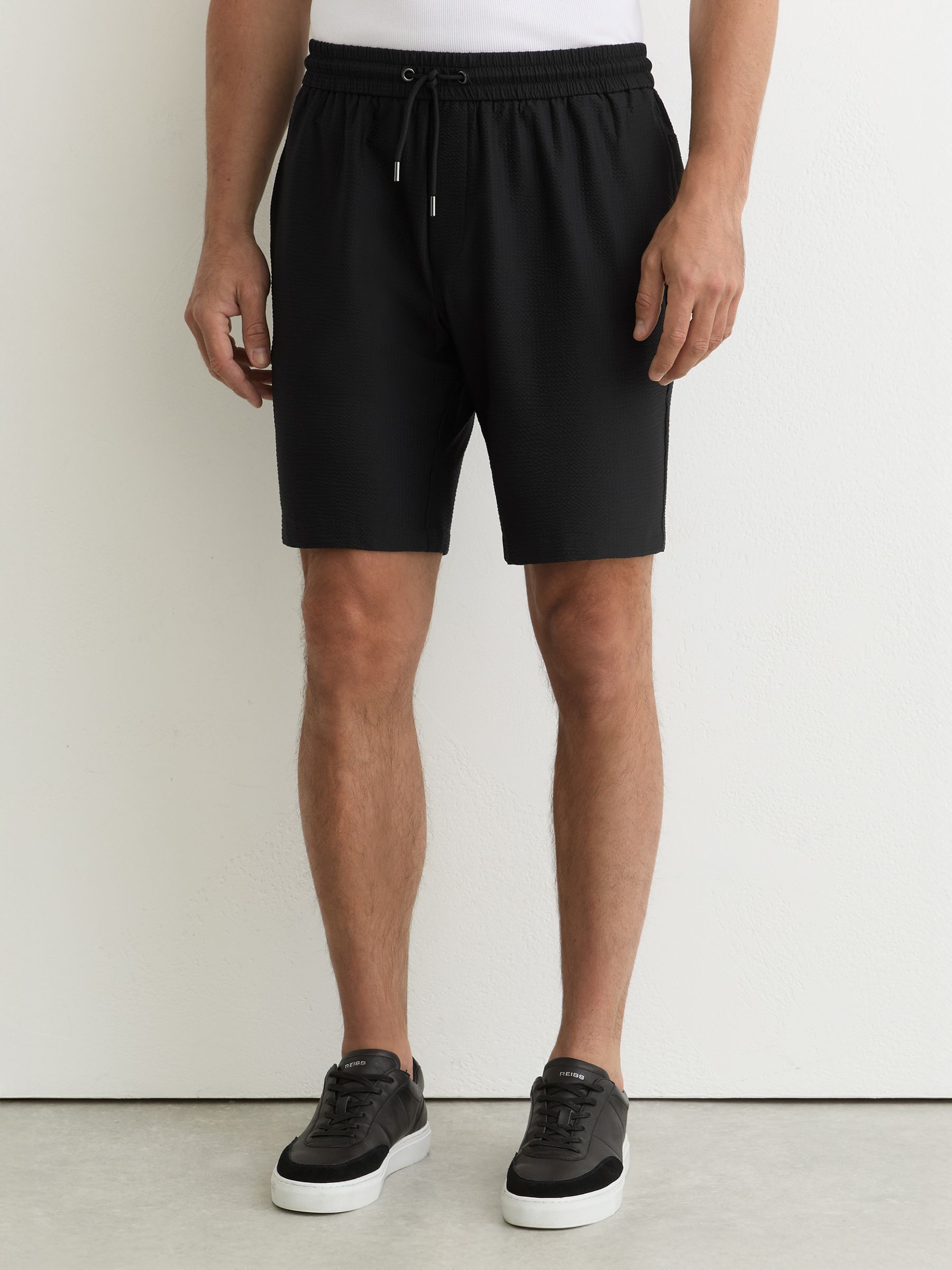 Seersucker Drawstring Shorts in Black - Image 3 of 6