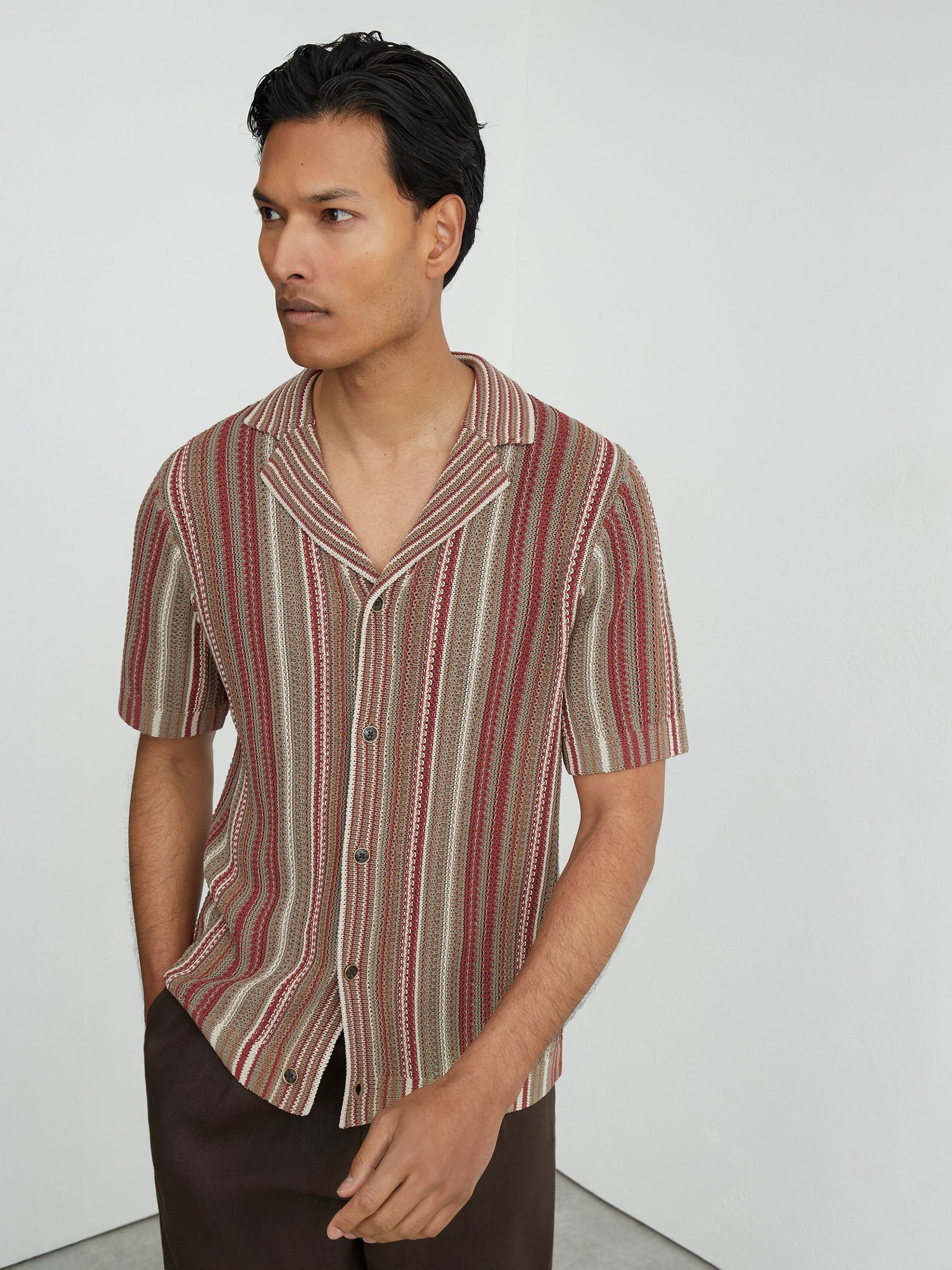 Textured-Knit Stripe Cuban-Collar Shirt in Red/Camel - Image 1 of 6
