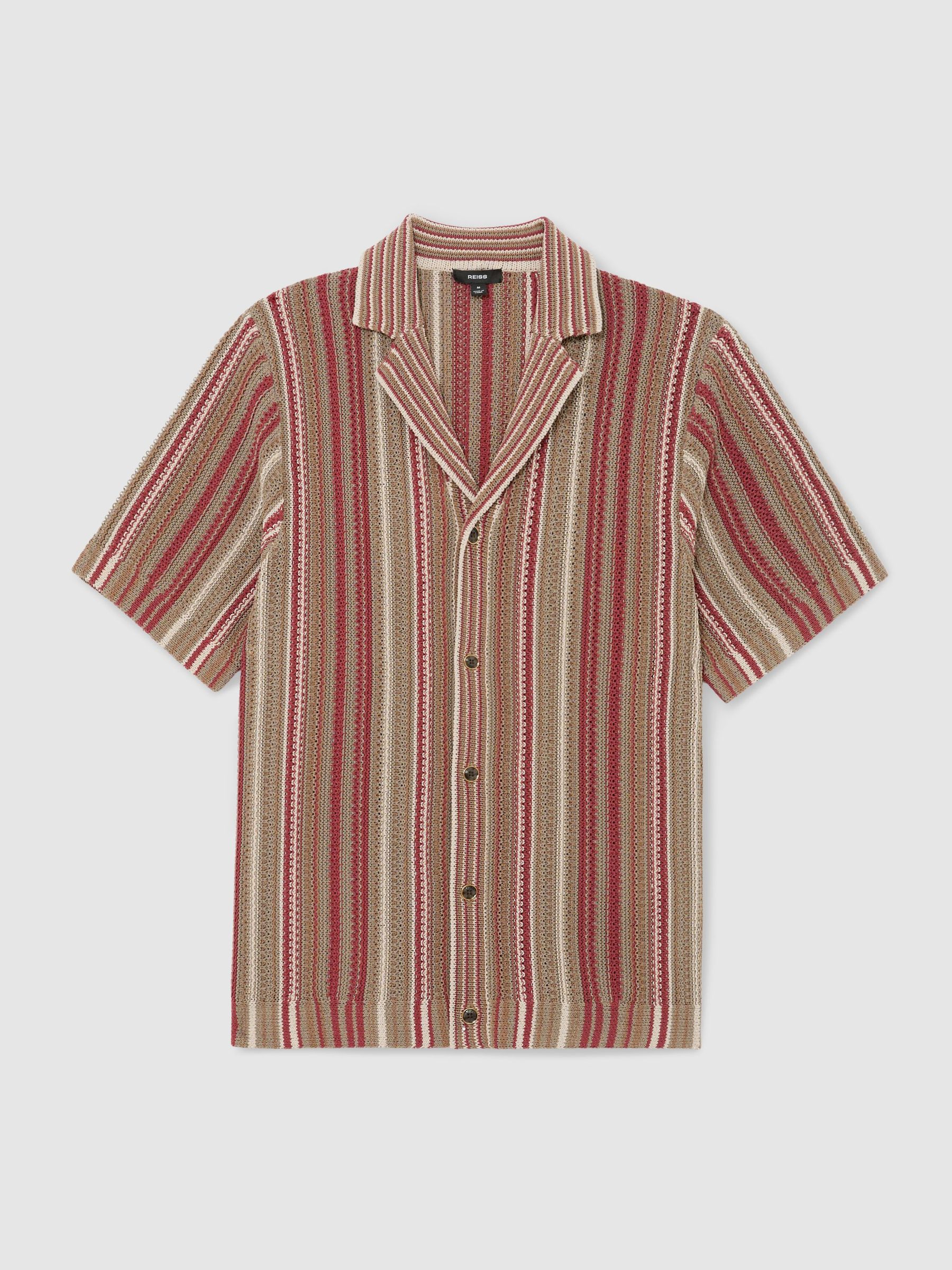 Textured-Knit Stripe Cuban-Collar Shirt in Red/Camel - Image 2 of 6